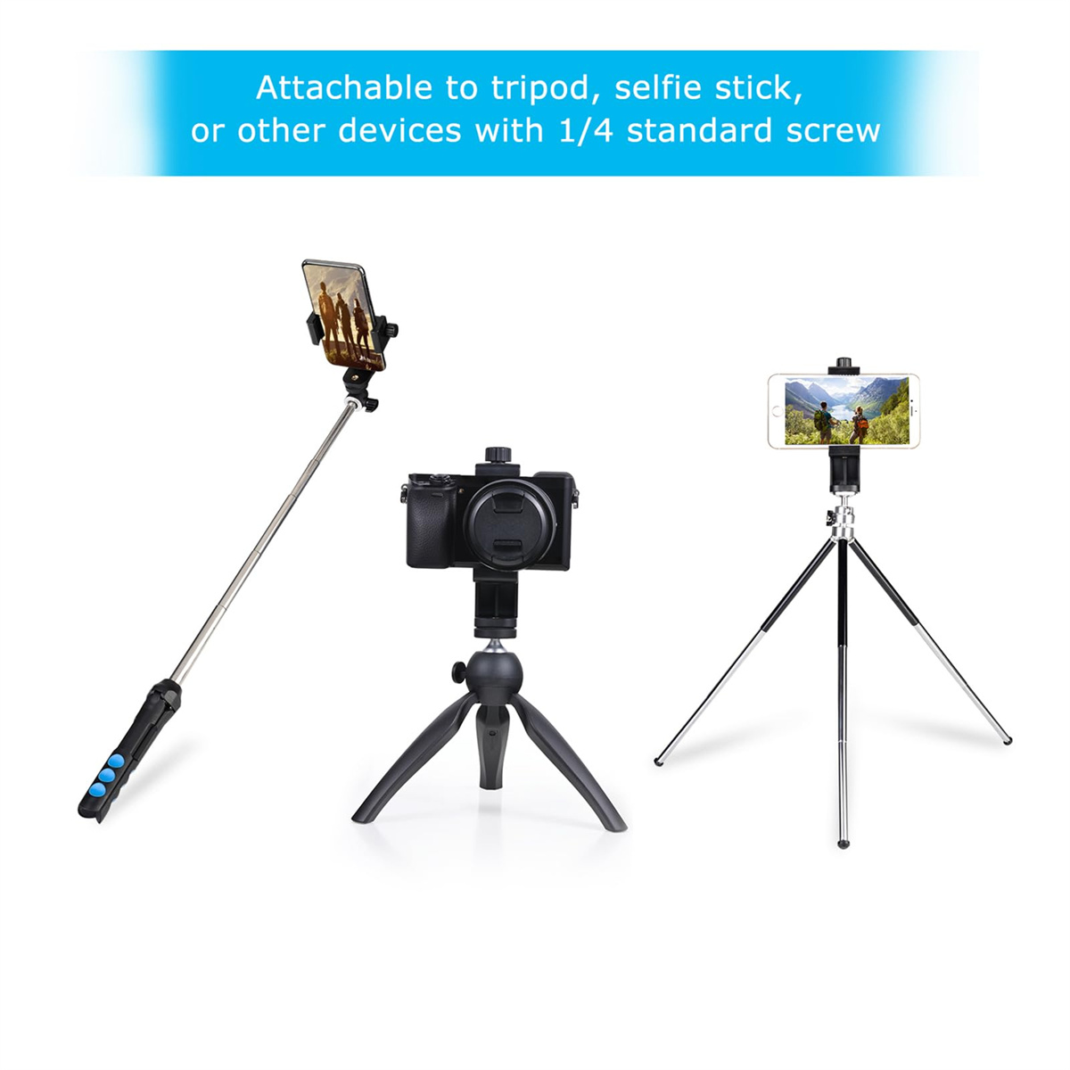 Drei Geräte: ein Selfie-Stick mit einem Telefon, eine Kamera auf einem Stativ und ein Telefon auf einem Stativ.