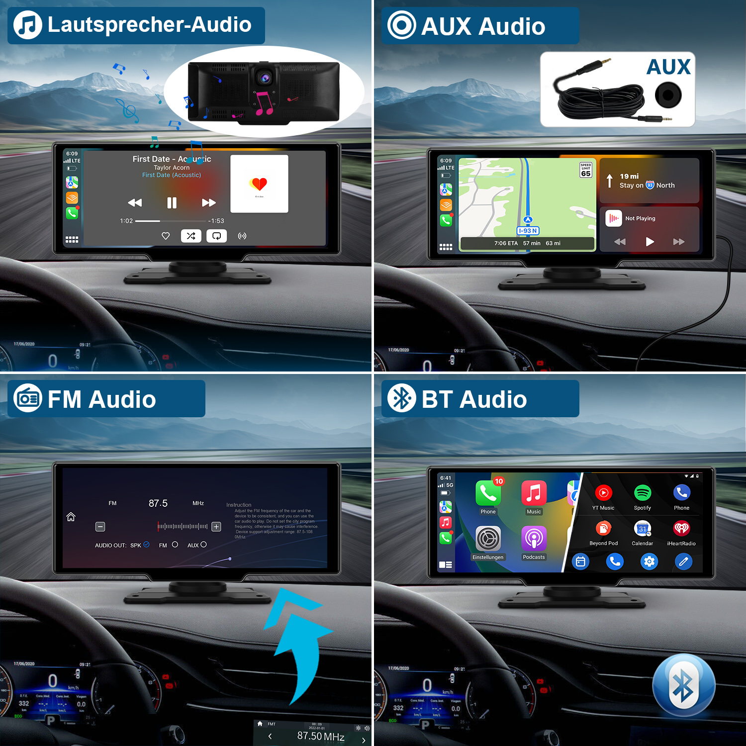 Vier Bildschirme mit verschiedenen Funktionen. AUX-Audio, FM-Audio, BT-Audio und Lautsprecher-Audio.