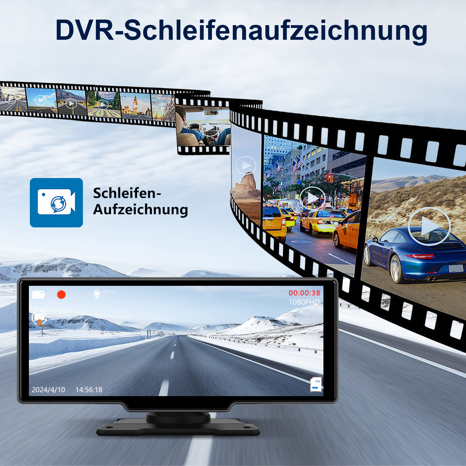 Ein Gerät mit einem Bildschirm, der eine Straße zeigt. Der Hintergrund ist ein Filmstreifen-Effekt mit mehreren Szenen.