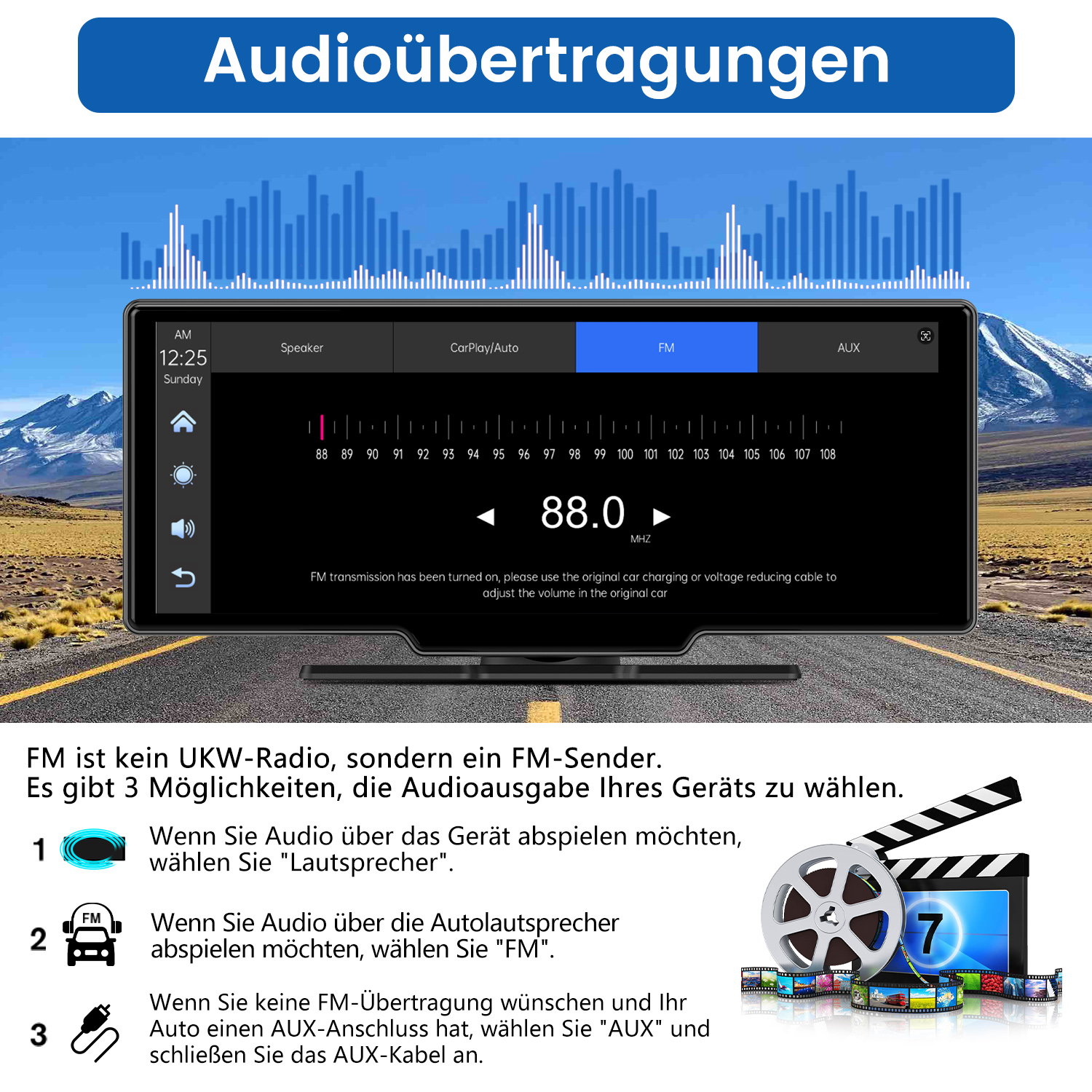 Auto-Stereo-Display mit UKW-Radioinformationen, Optionen für Lautsprecher, Carplay/Auto und AUX-Eingang.