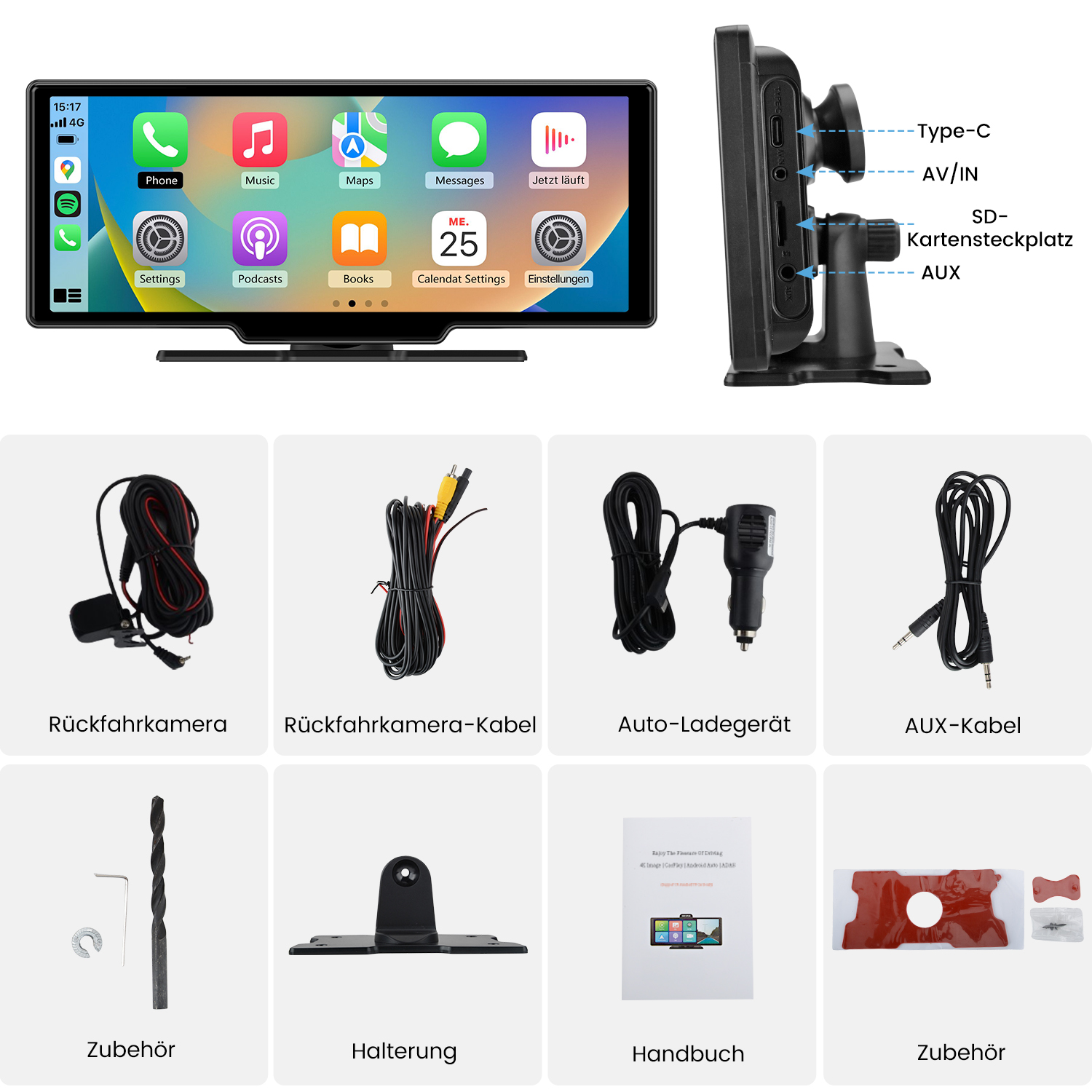 Armaturenbrett mit Bildschirm, der Apps, Kabel und Zubehör zeigt. Schwarze und weiße Komponenten.