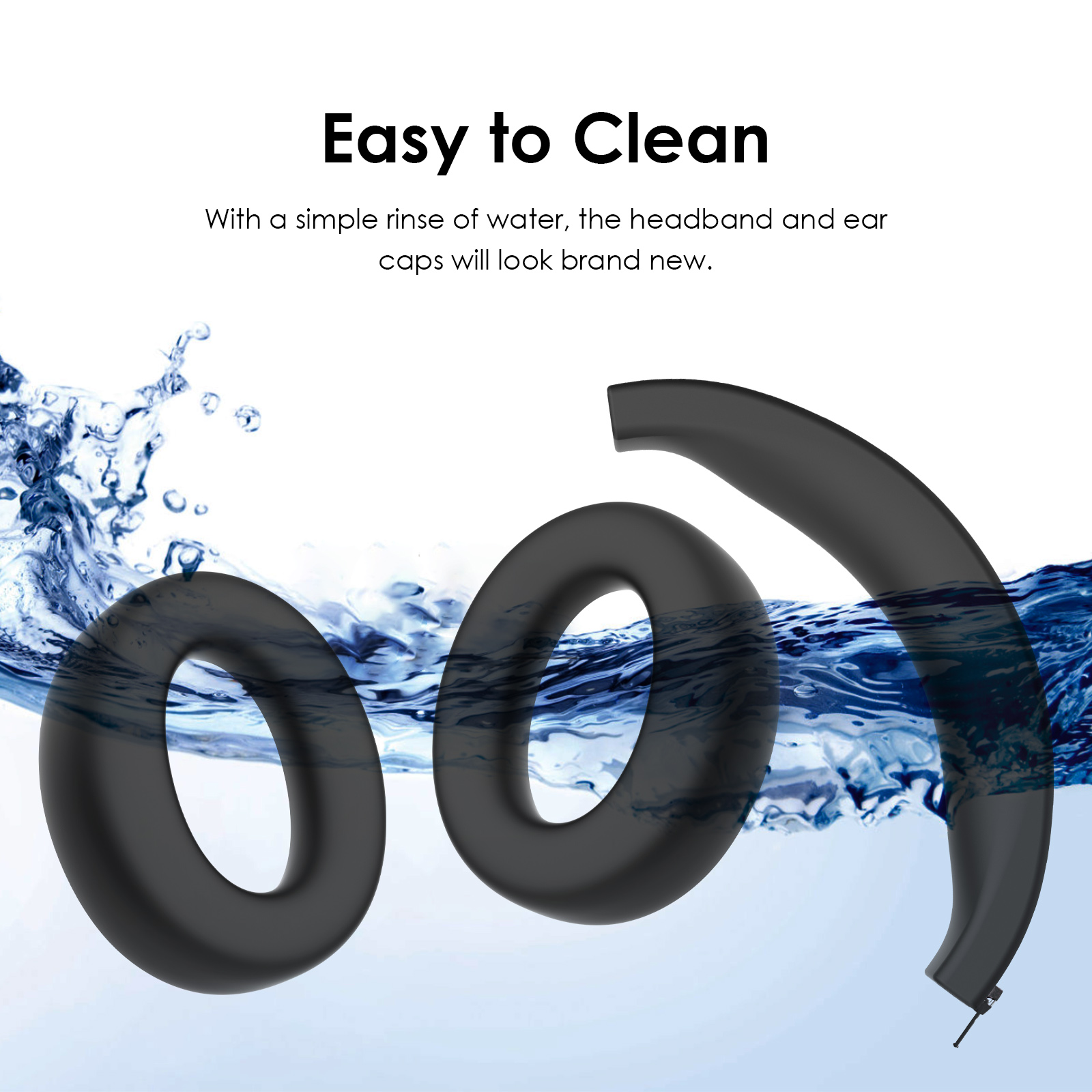 Schwarze Headset-Komponenten auf blauem Hintergrund, Wassertropfen und Text 'Easy to Clean'.