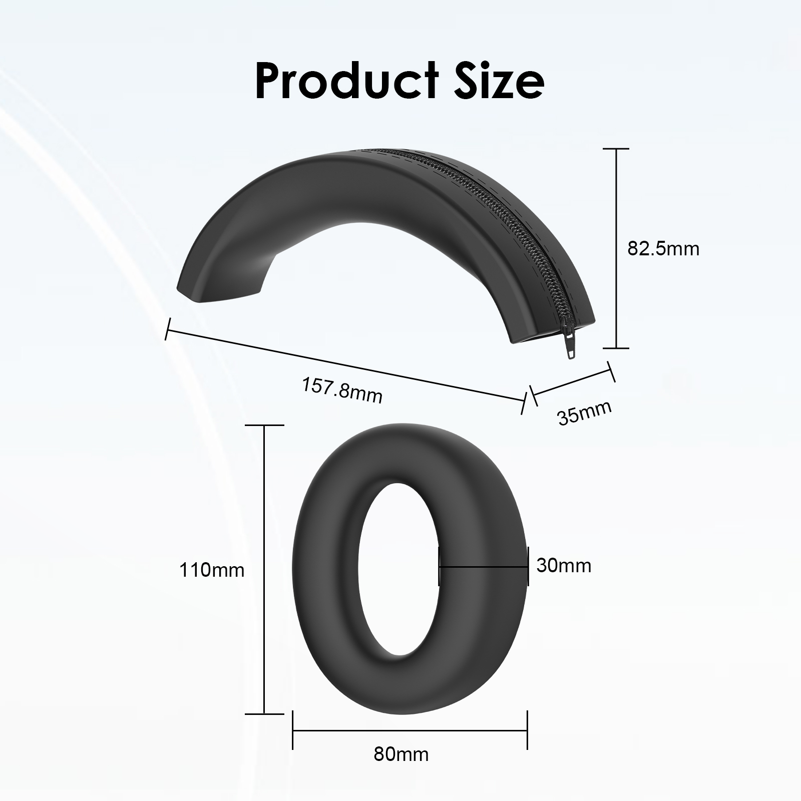 Schwarze Kopfhörerteile, gemessen: die Ohrmuscheln sind 80mm, der Kopfbügel ist 157,8mm.