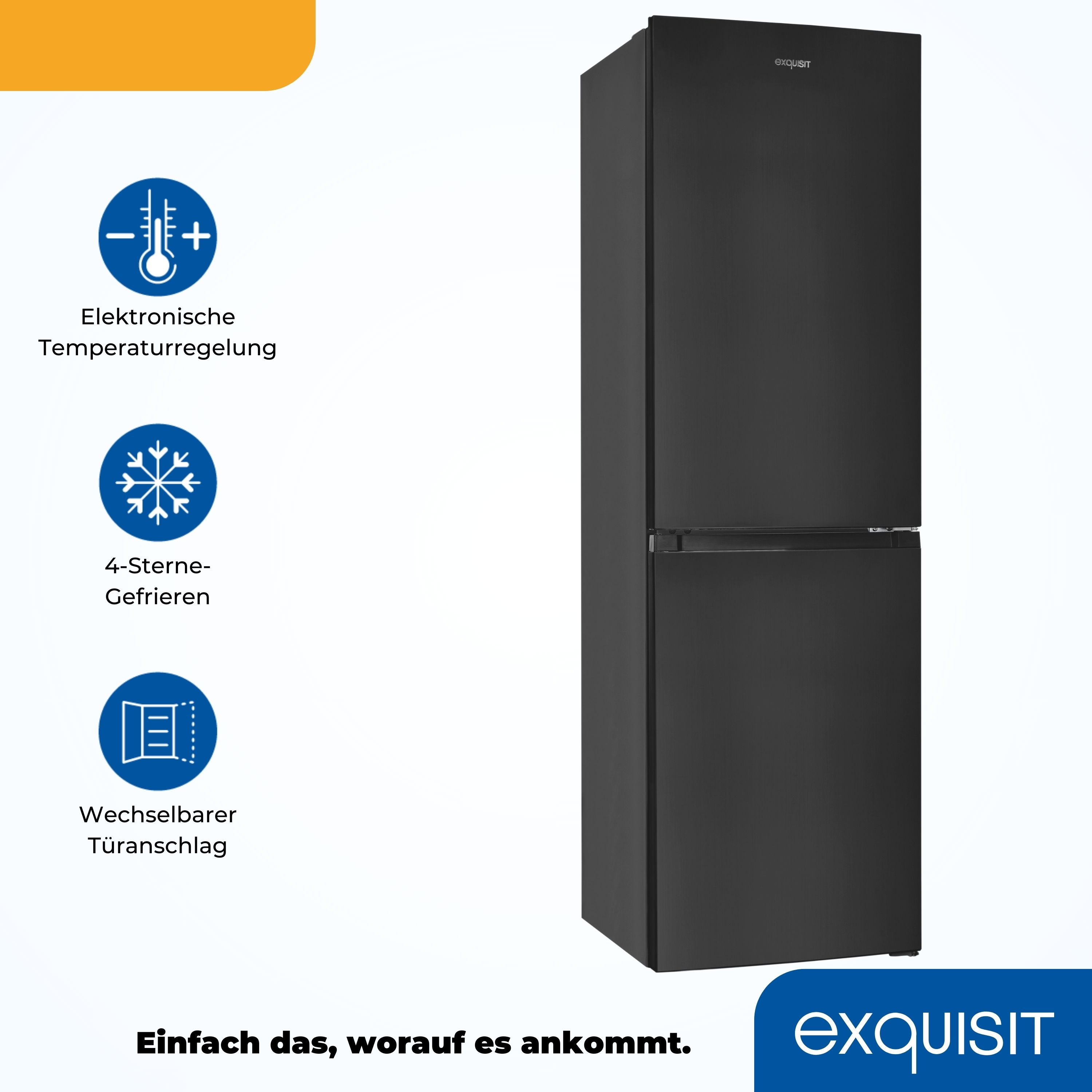 Un refrigerador Exquisit negro con iconos para control de temperatura, congelación y opciones de puerta.