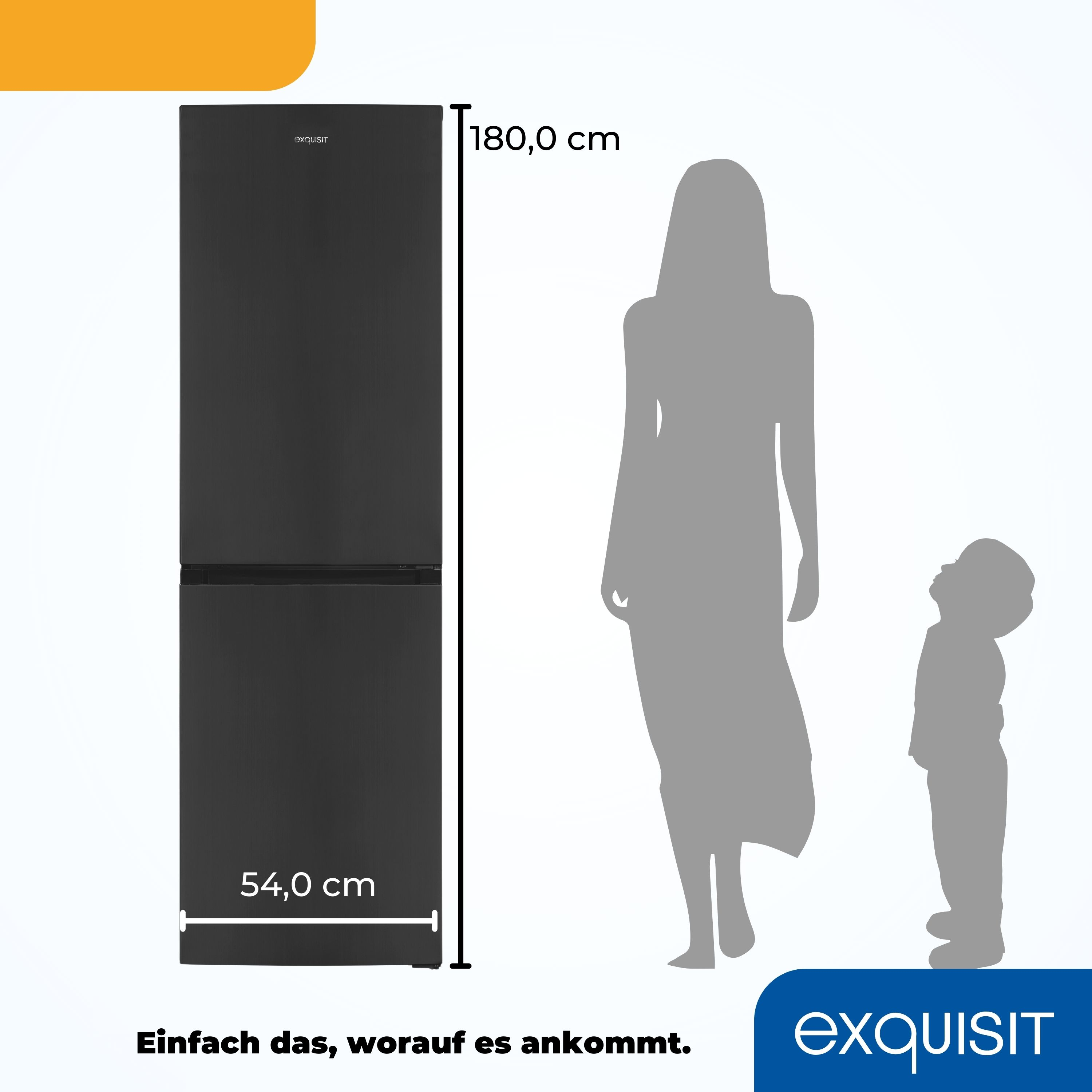 Refrigerador negro con congelador inferior, con dimensiones etiquetadas. Siluetas de una mujer y un niño se muestran.