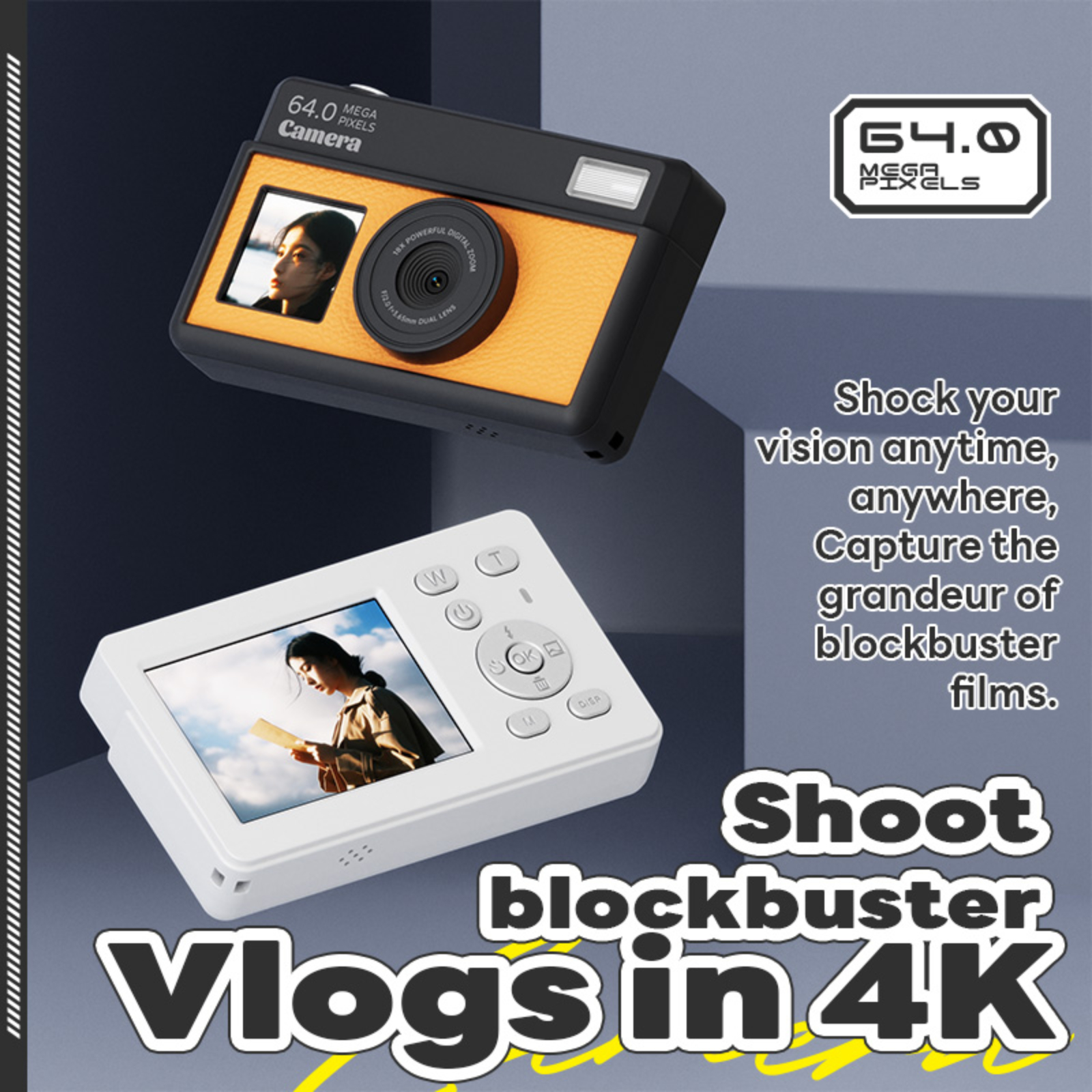 Eine Kamera im Retro-Stil mit zwei Bildschirmen und Text, der Vlogging bewirbt.