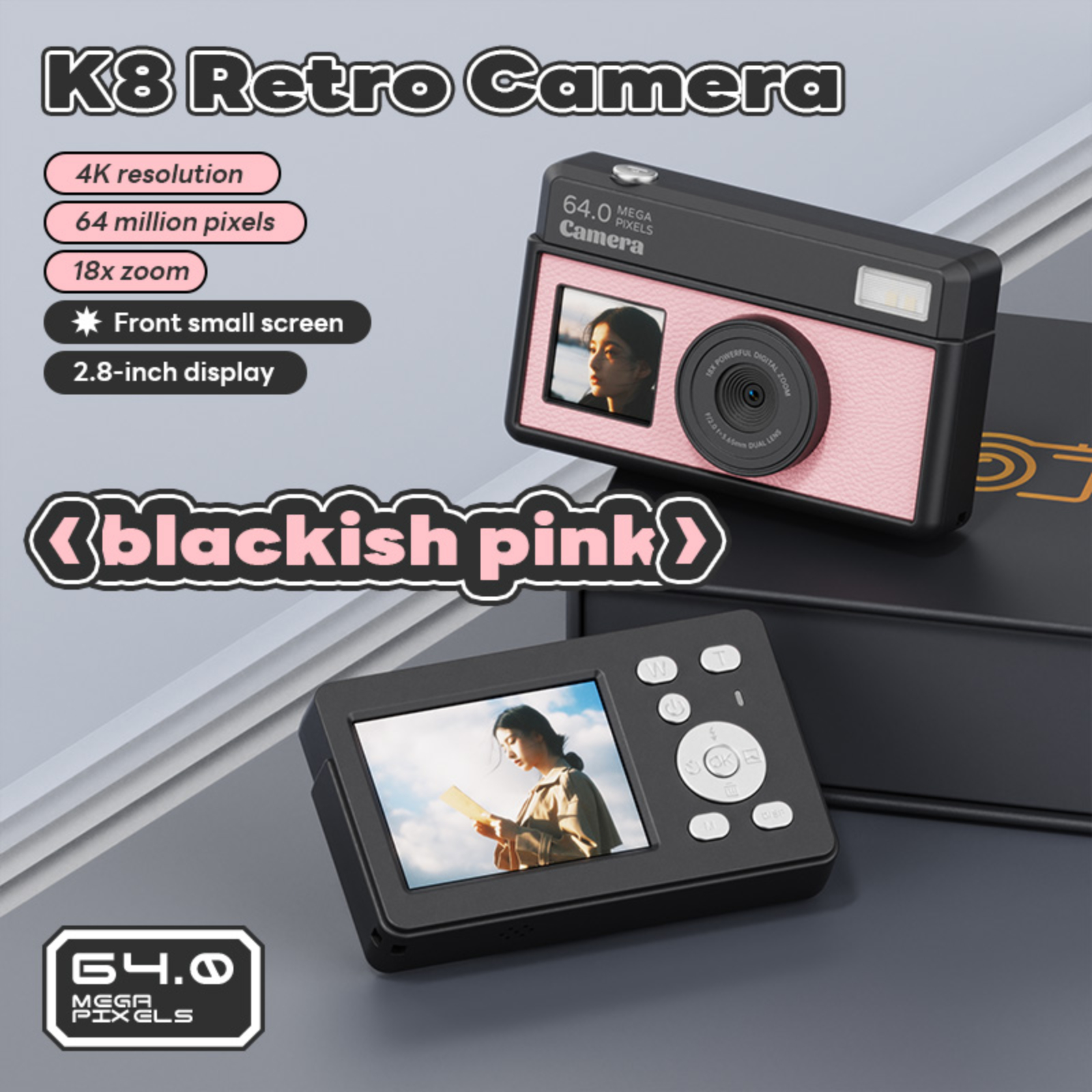 Eine schwarz-rosa Retro-Kamera mit kleinem Bildschirm und größerem Display.