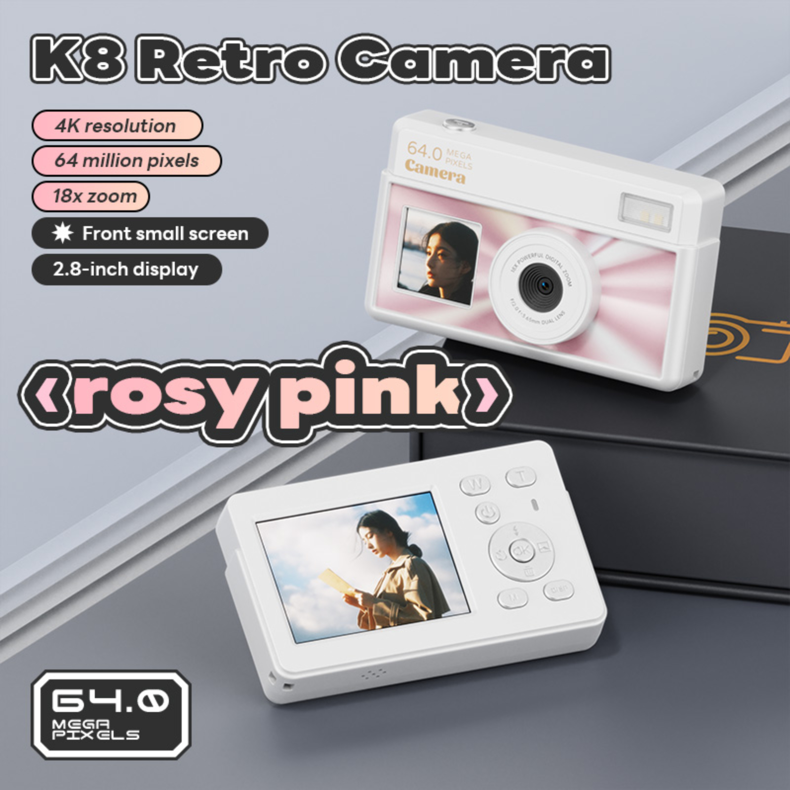 Weiße und rosa Retro-Kamera mit Bildschirm, schwarzem Text und Produktdetails. Auf dem Bildschirm ist ein Mädchen abgebildet.