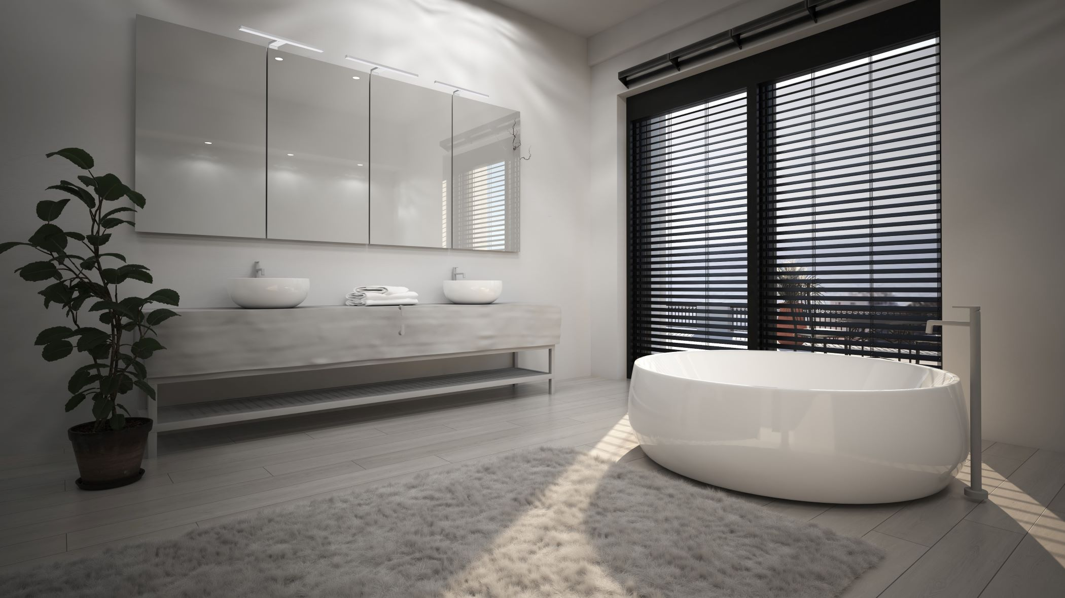 Modernes Badezimmer mit weißer Badewanne, Waschbecken, Schränken und Fenster mit Jalousien.