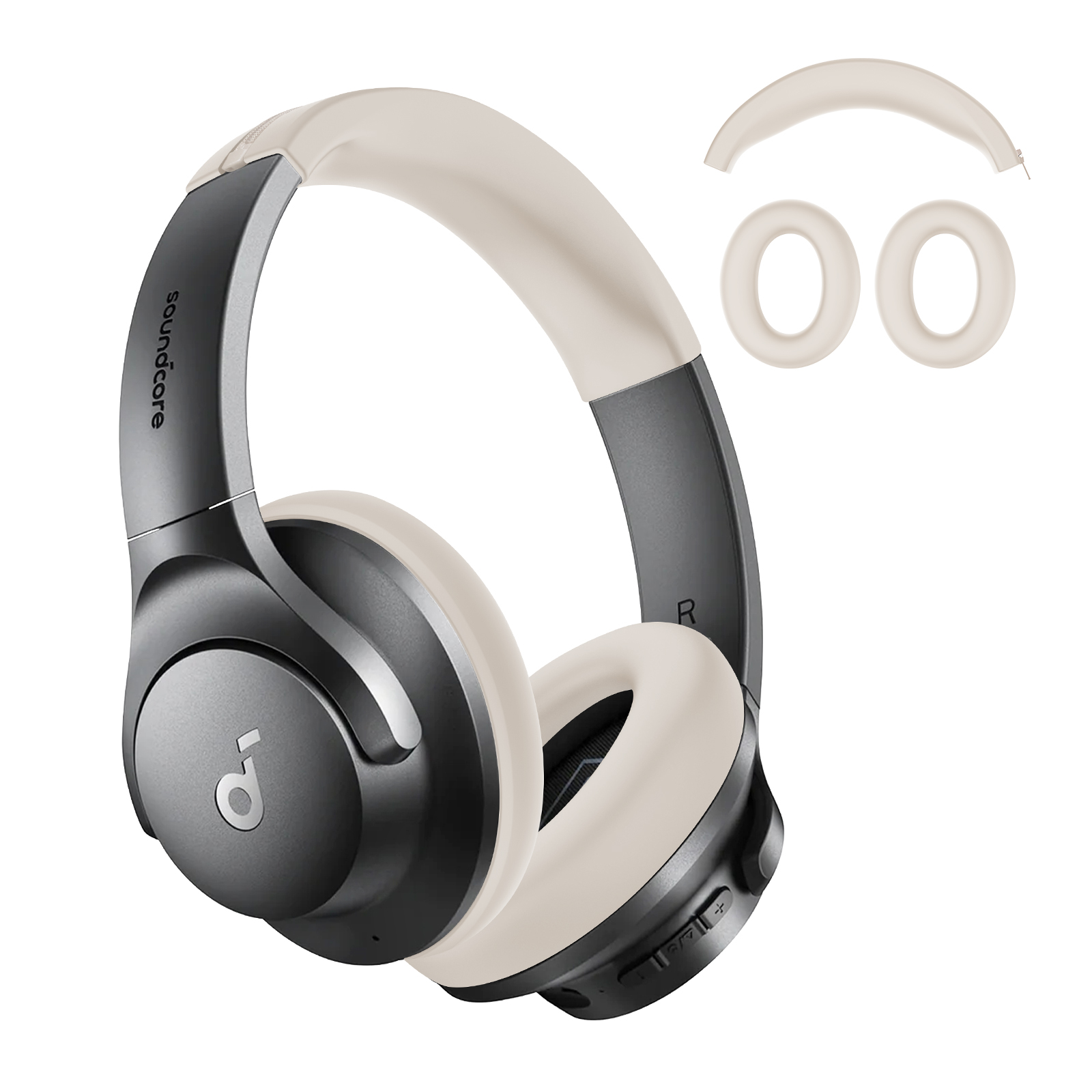 Cuffie Anker Soundcore. Schema colori bianco e nero. Include cuscinetti extra. Sfondo bianco.