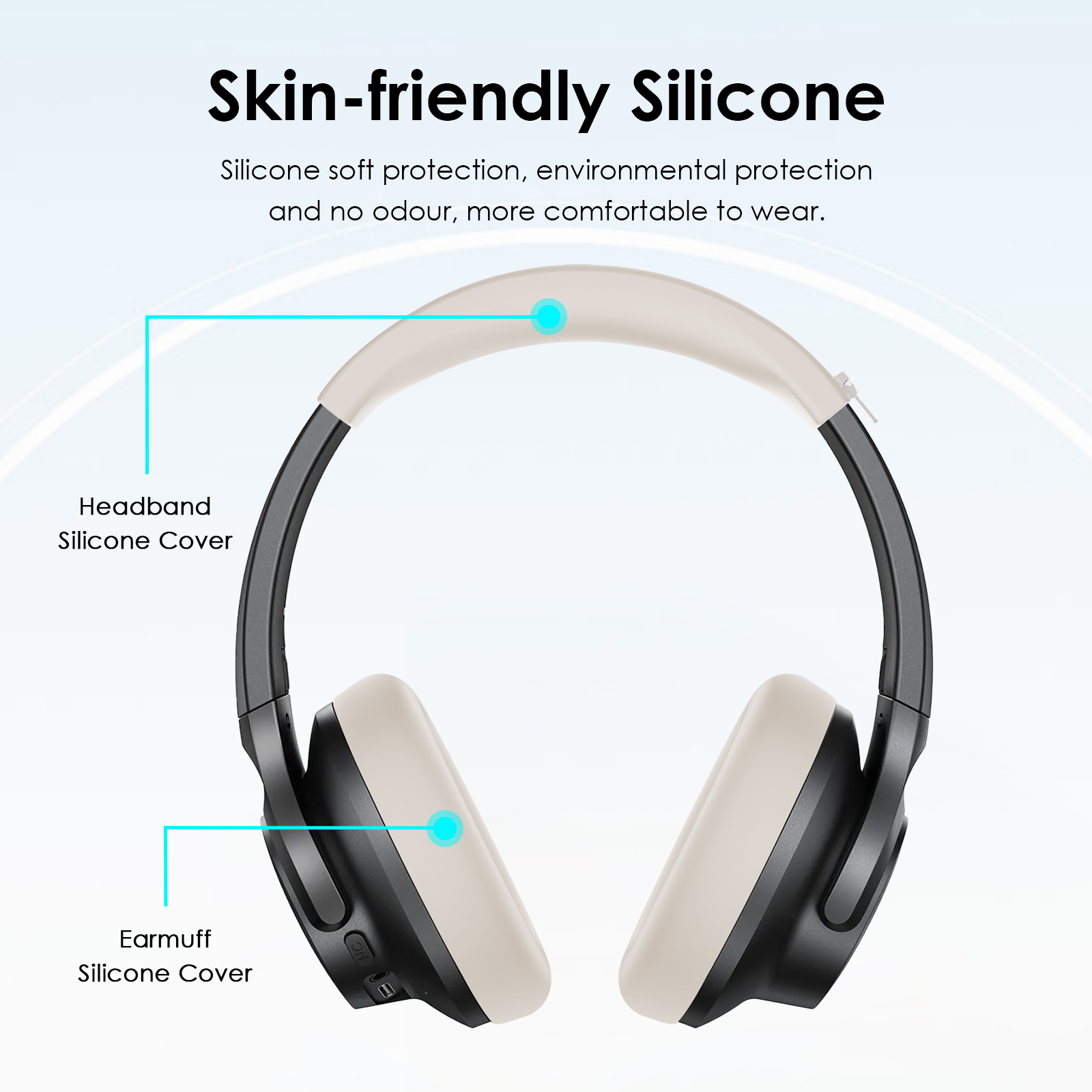 Cuffie con fascia e padiglioni bianchi, dettagli neri e testo sul silicone.