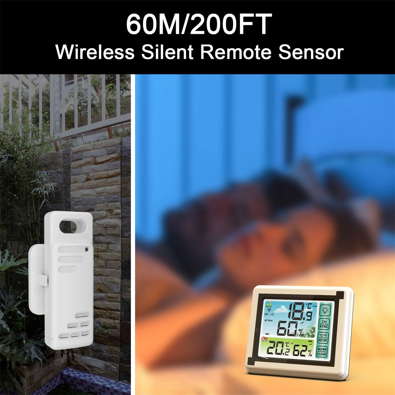 Drahtloser Fernsensor an einer Wand montiert, mit Anzeige von Wetterdaten und einer schlafenden Person.
