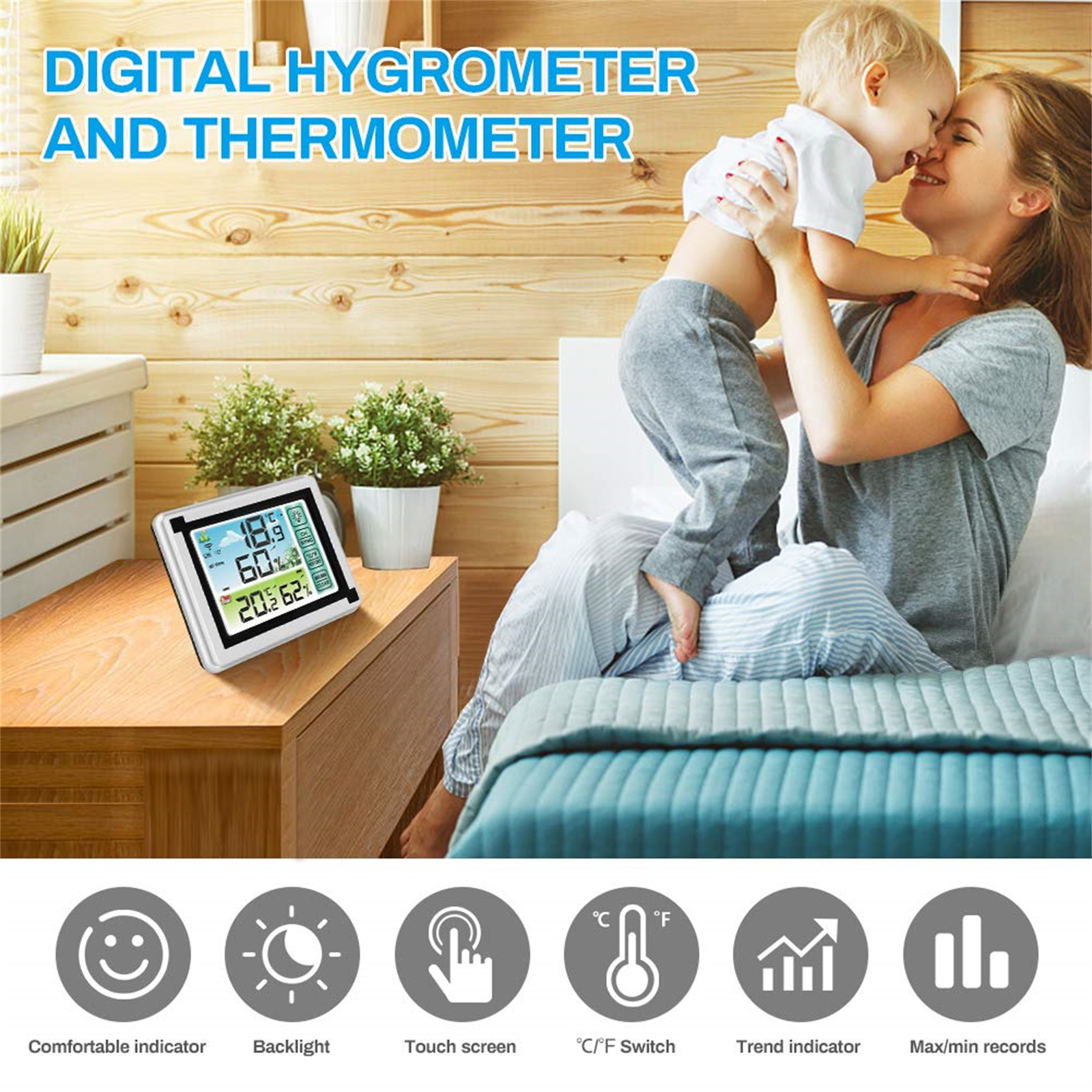 Mutter und Kind mit digitalem Hygrometer und Thermometer auf einem Tisch.