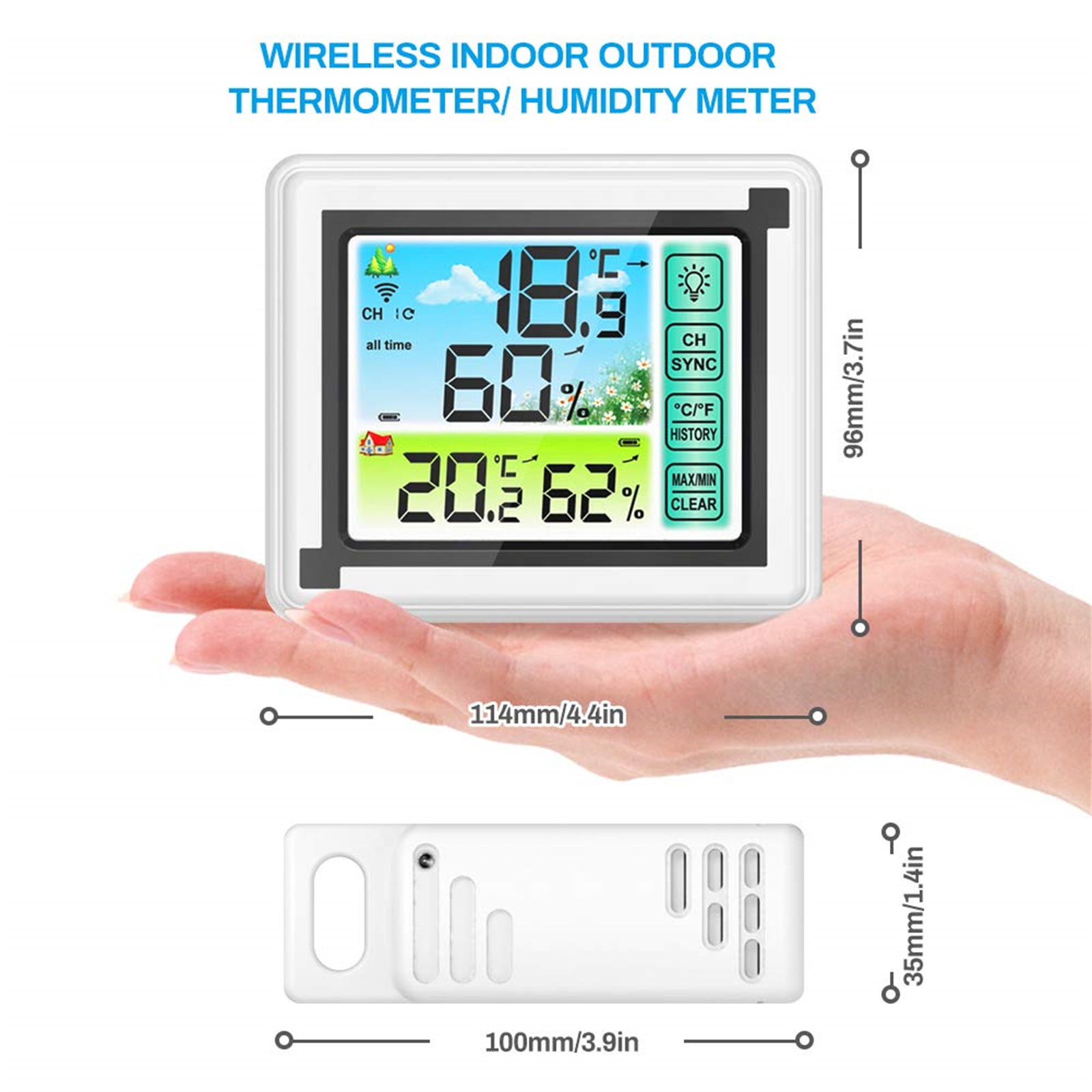 Ein weißes digitales Innen-/Außenthermometer mit Abmessungen, das Temperatur- und Feuchtigkeitswerte anzeigt.
