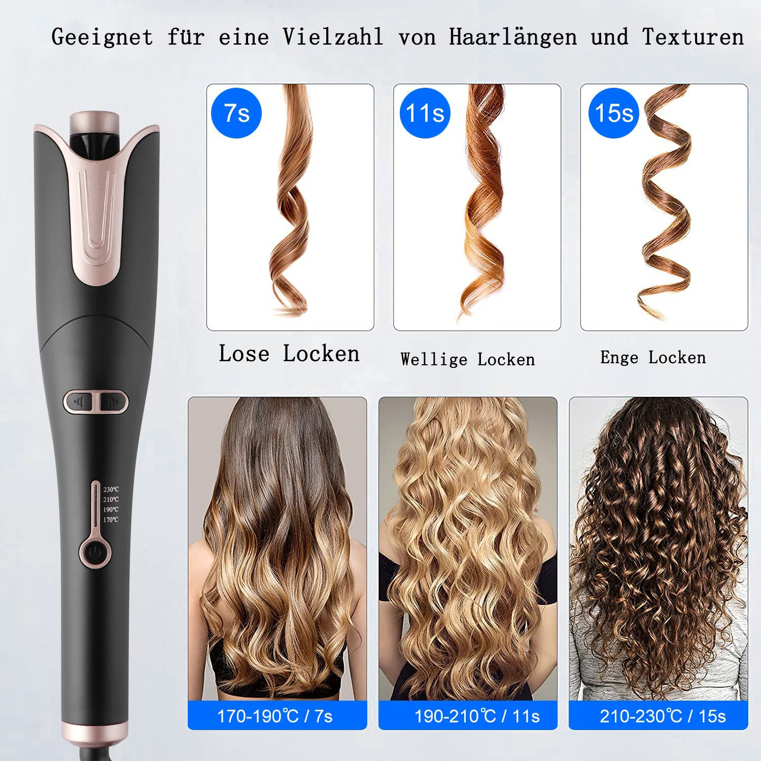Elektrischer Lockenstab und Beispiele für Locken: lose, wellig und eng, mit Temperatureinstellungen.