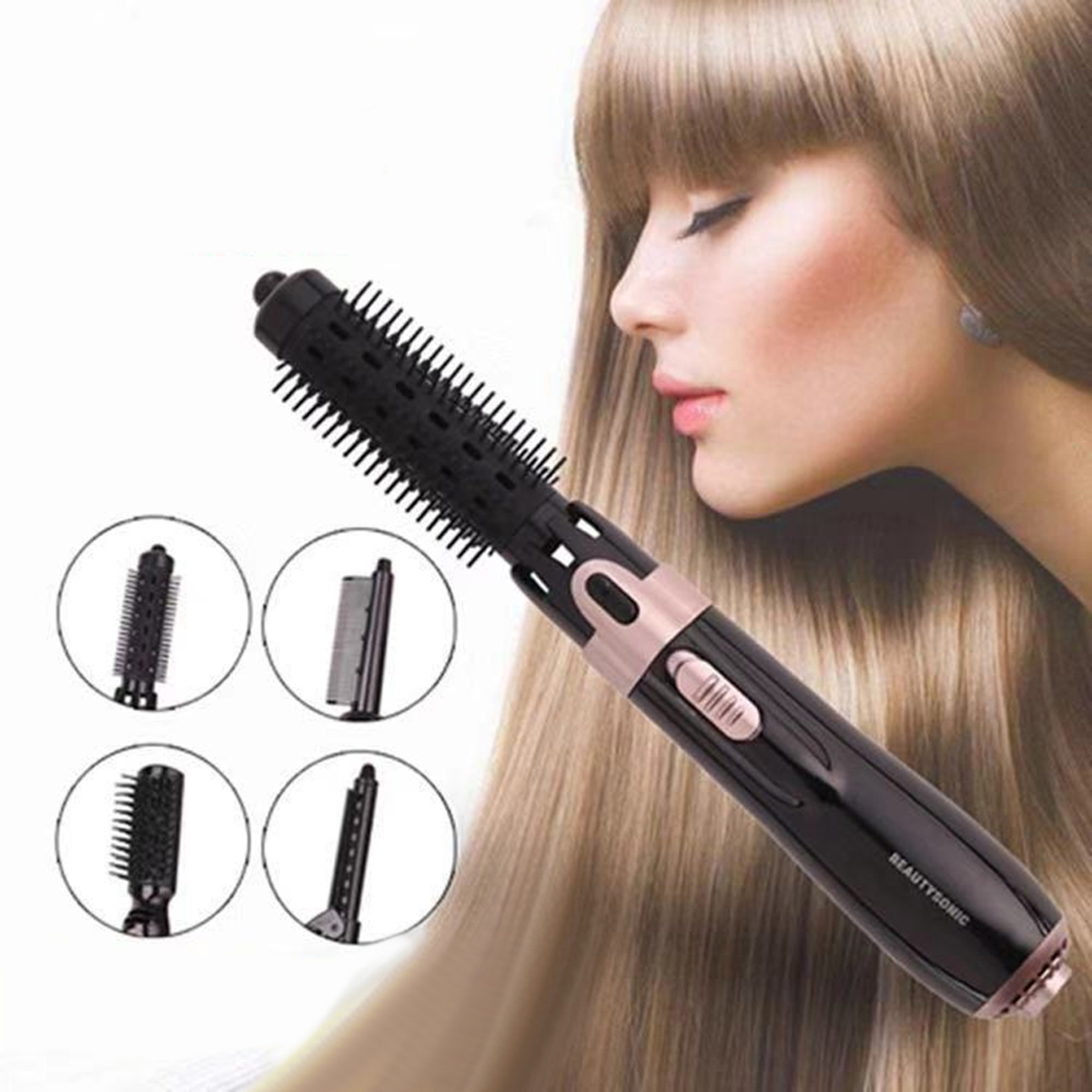 Das Gesicht und die Haare einer Frau werden mit einer schwarz-rosa Haarbürste gestylt.