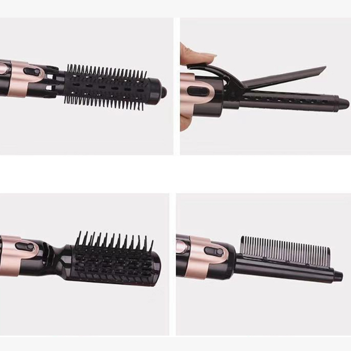 Vier Bilder eines Haarstyling-Werkzeugs, die verschiedene Anwendungen zeigen.