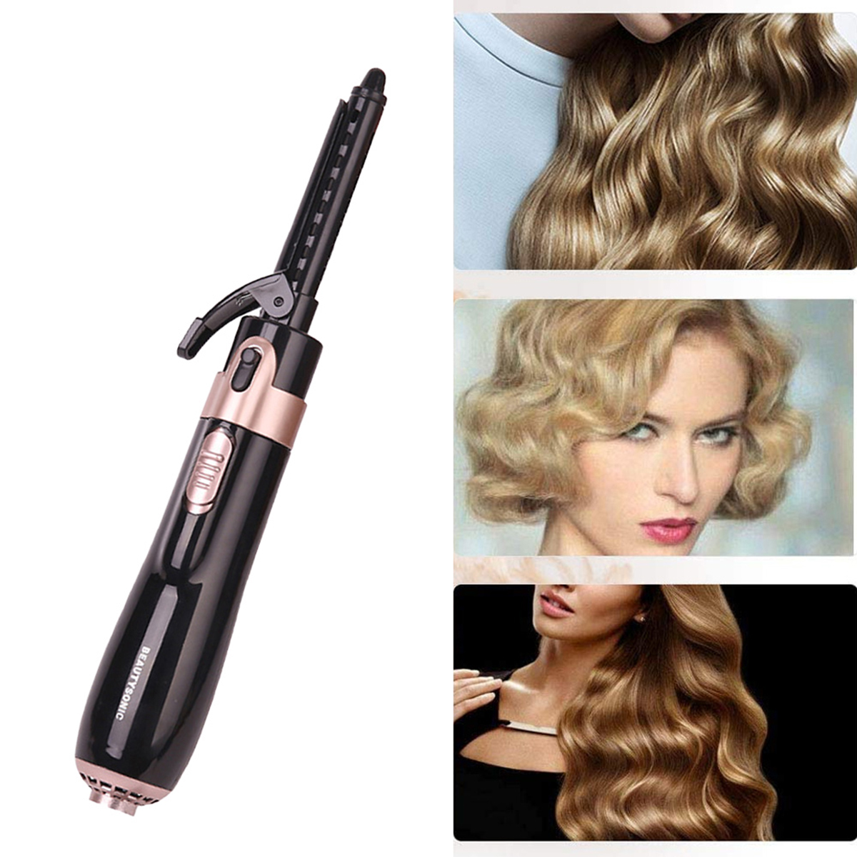 Haar-Lockenstab und Frisuren. Das Eisen ist schwarz und gold. Drei Frisuren werden gezeigt.