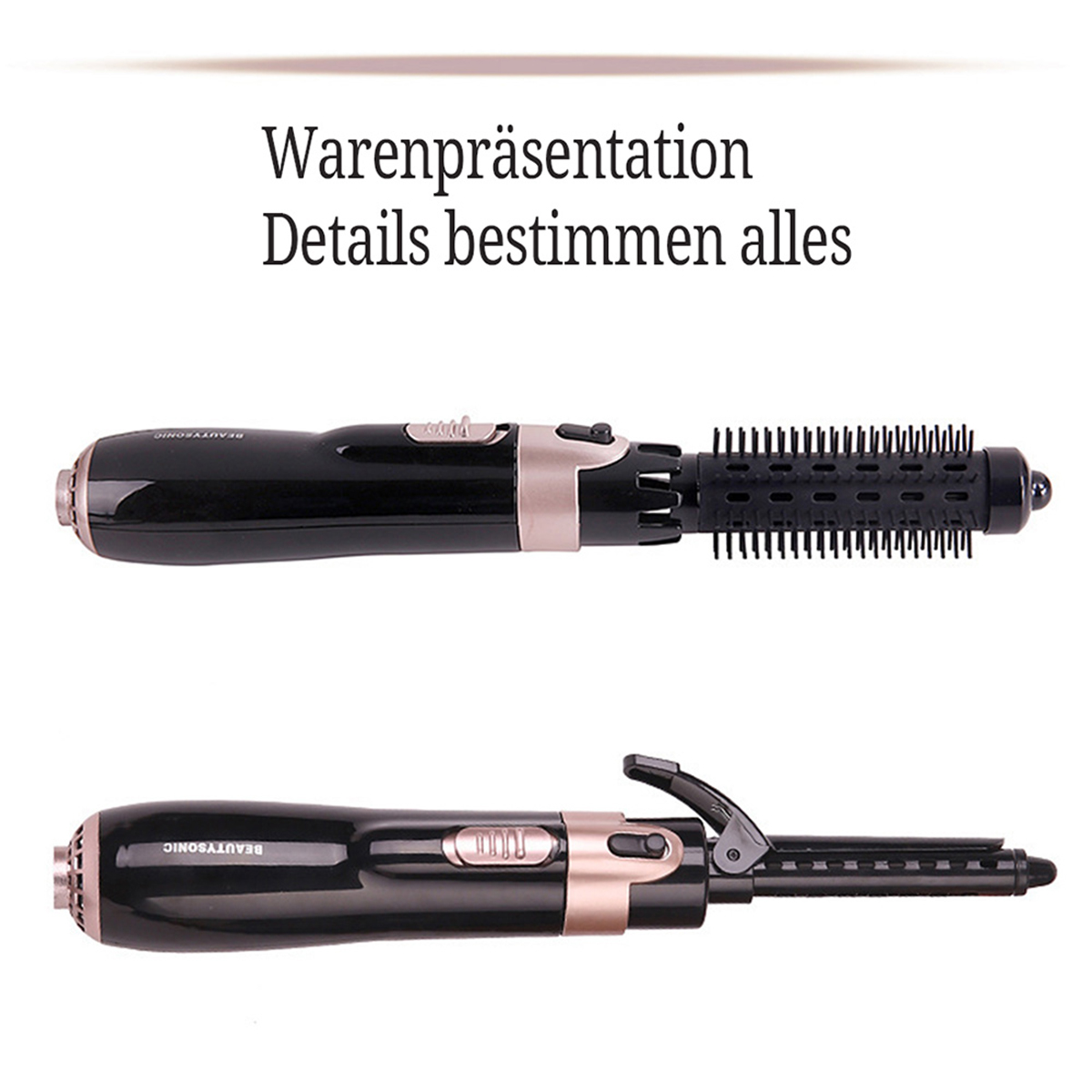 Schwarz-goldenes Haarstyling-Tool, Nahaufnahme des Produkts.