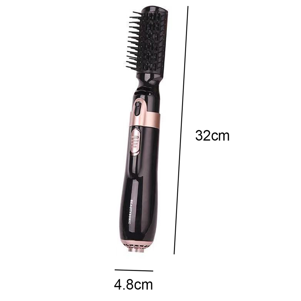 Ein schwarzer und goldener Haarstyler mit angezeigten Abmessungen.