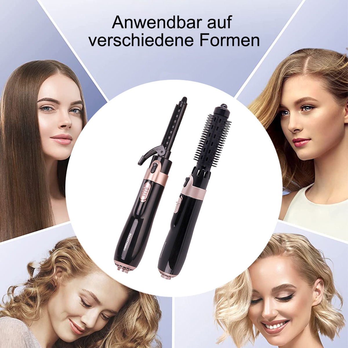 Zwei Haarstyling-Tools mit Gesichtern von Frauen und verschiedenen Frisuren, die Vielseitigkeit bewerben.
