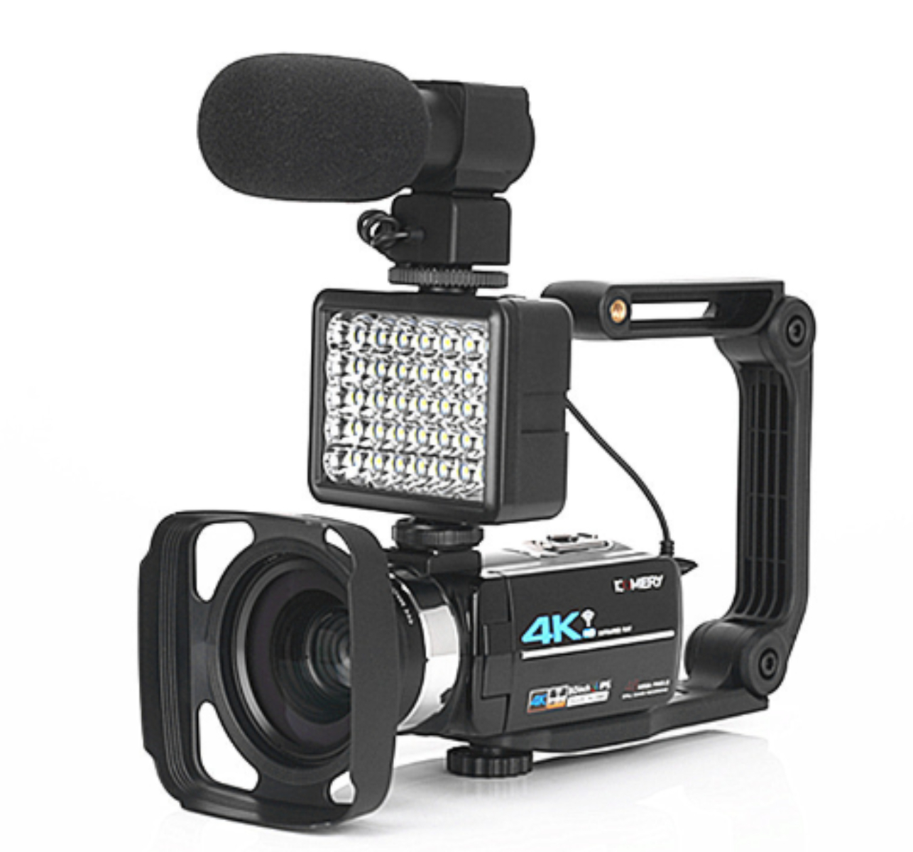 Schwarze Videokamera mit Mikrofon, LED-Licht und Griff auf weißem Hintergrund.