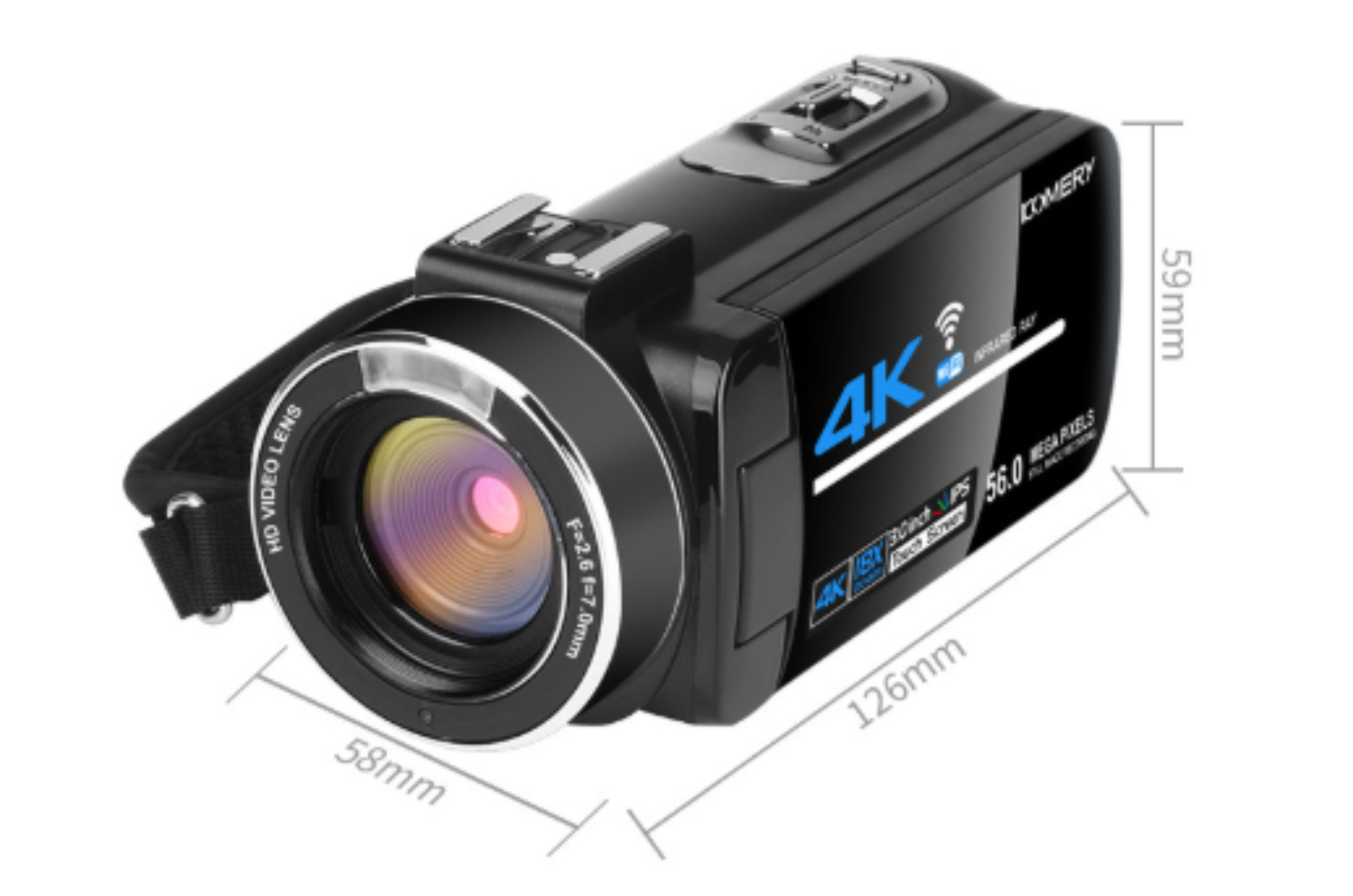 Schwarze 4K-Videokamera mit Objektiv und markierten Abmessungen.