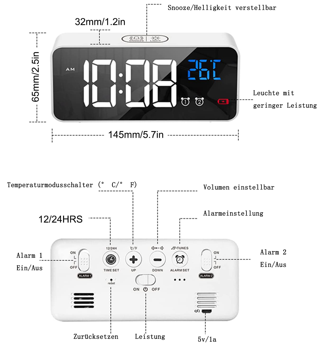 Digitaler Wecker mit Abmessungen und Bedienelementen, zeigt Zeit, Temperatur und Alarmeinstellungen.