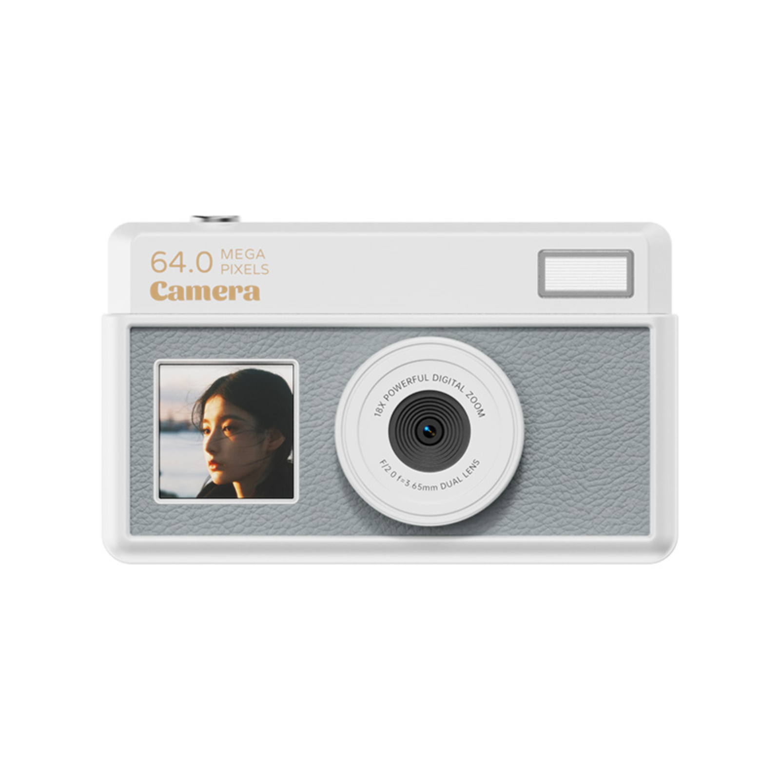 Weiße und graue Retro-Kamera mit Foto auf dem Bildschirm. Weißer Hintergrund.
