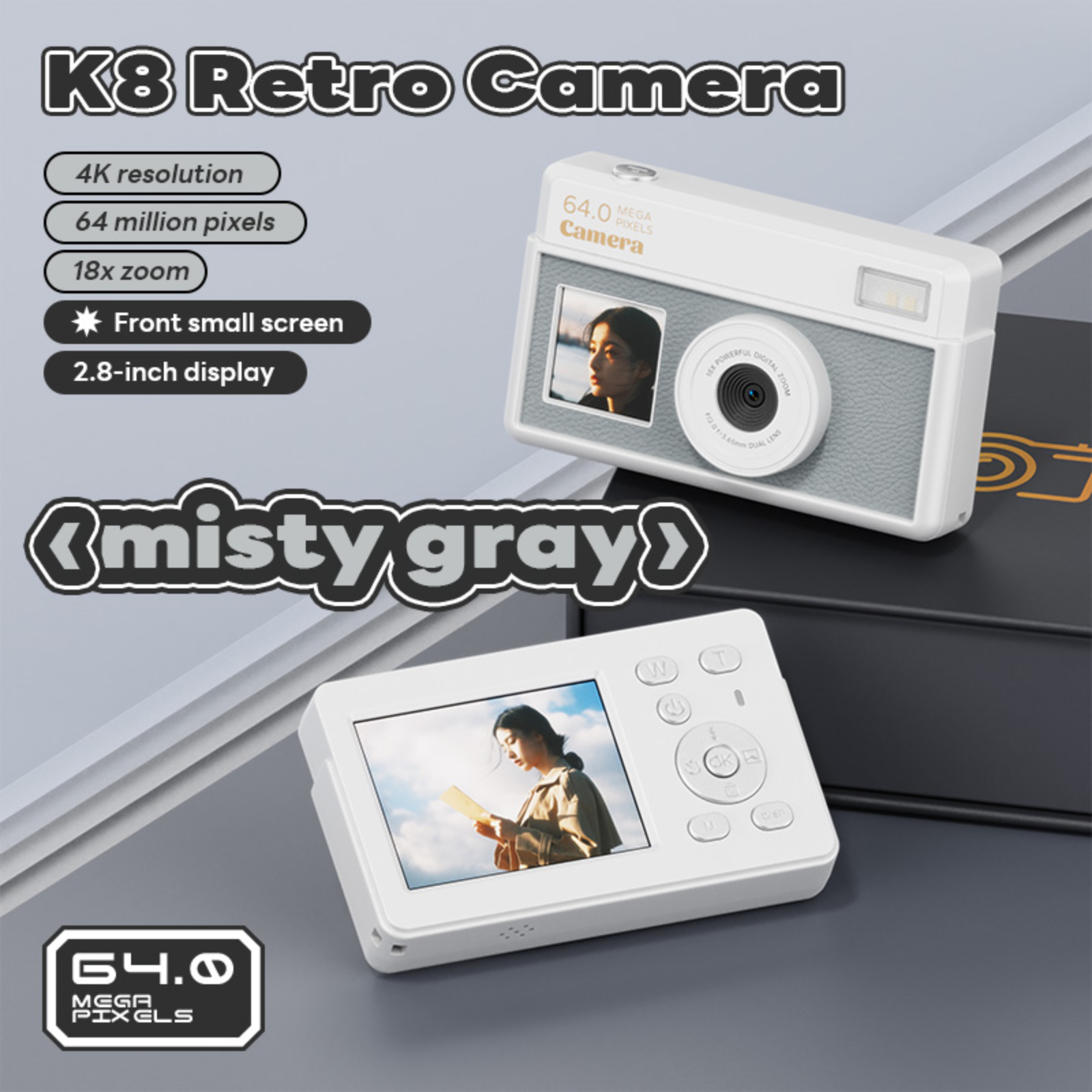 Retro-Kamera, weiß, mit Bildschirm und Knöpfen, und einem kleineren Bildschirm.