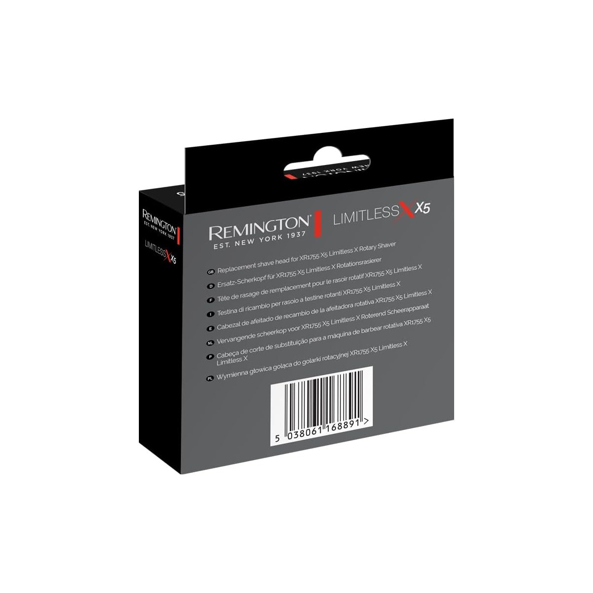 Schwarze und rote Remington Rasierer-Ersatzkopf-Box mit Text und Barcode.