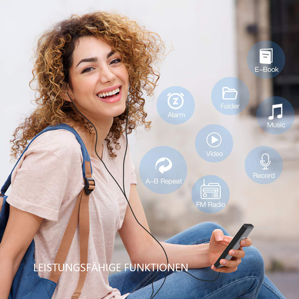 Eine lächelnde Frau mit Kopfhörern hält ein Telefon. Symbole für Musik, Alarm und Video sind abgebildet.