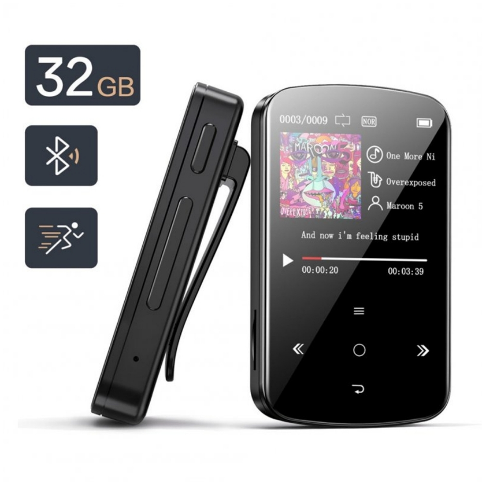Schwarzer MP3-Player mit Bildschirm, der Musikinformationen und einen Clip zeigt.
