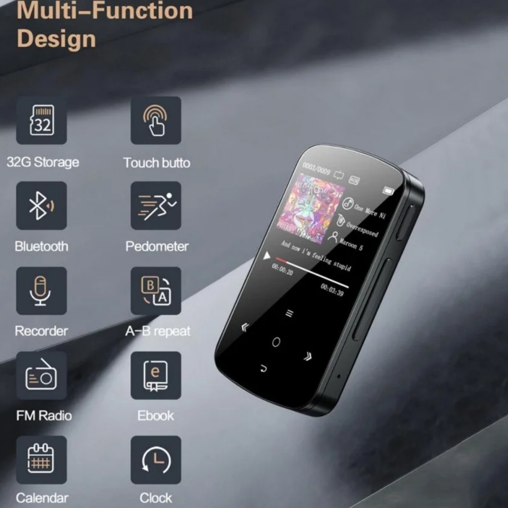 Schwarzer MP3-Player mit Bildschirm, der ein Lied anzeigt. Zu den Funktionen gehören Speicher, Bluetooth und eine Uhr.