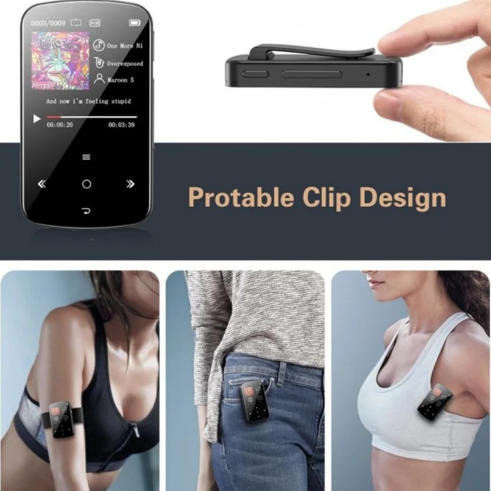 Ein MP3-Player mit Bildschirm, Clip-Design und Bildern im Einsatz.