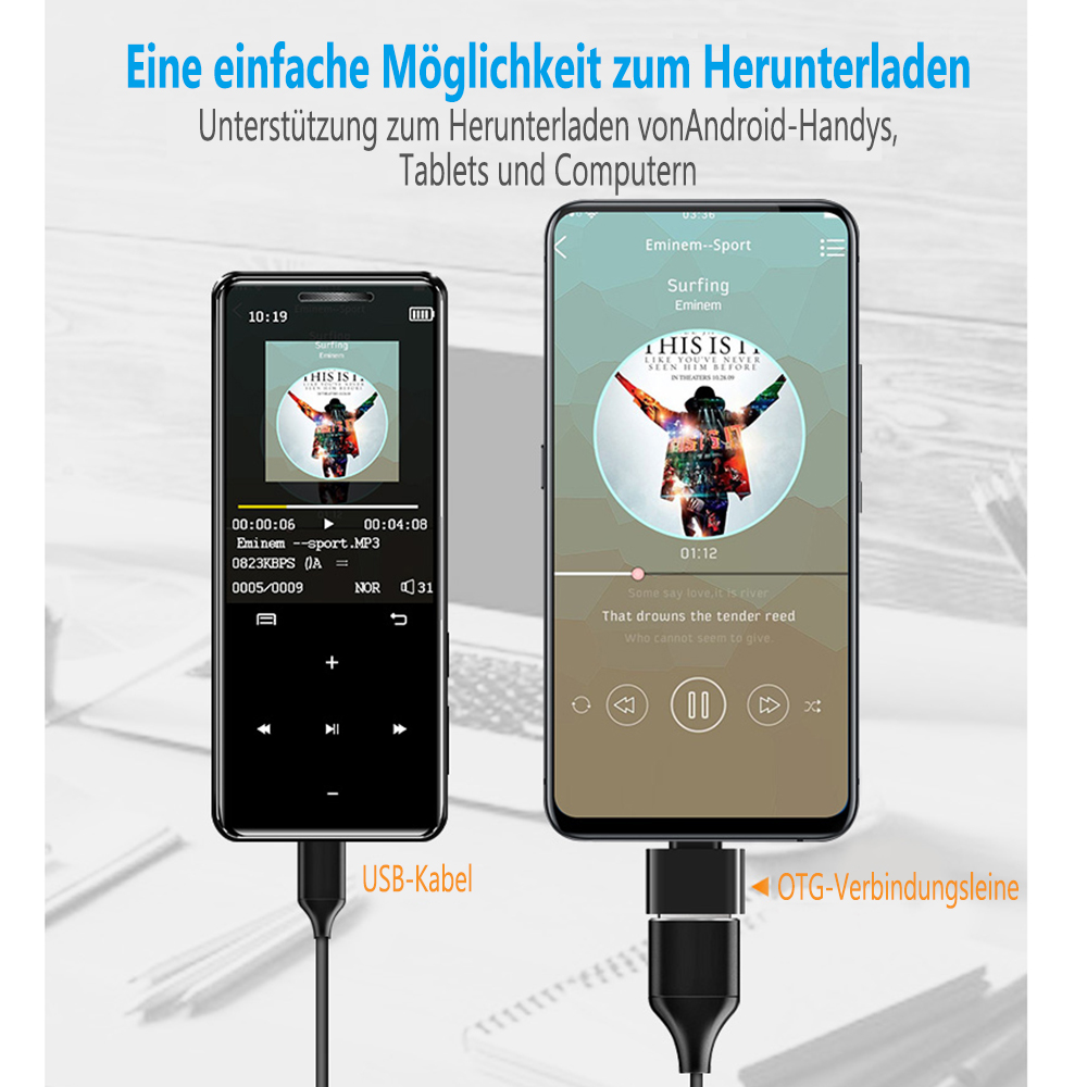 Zwei Geräte, eines mit Bildschirm, der Musik und Text zeigt, verbunden über USB.