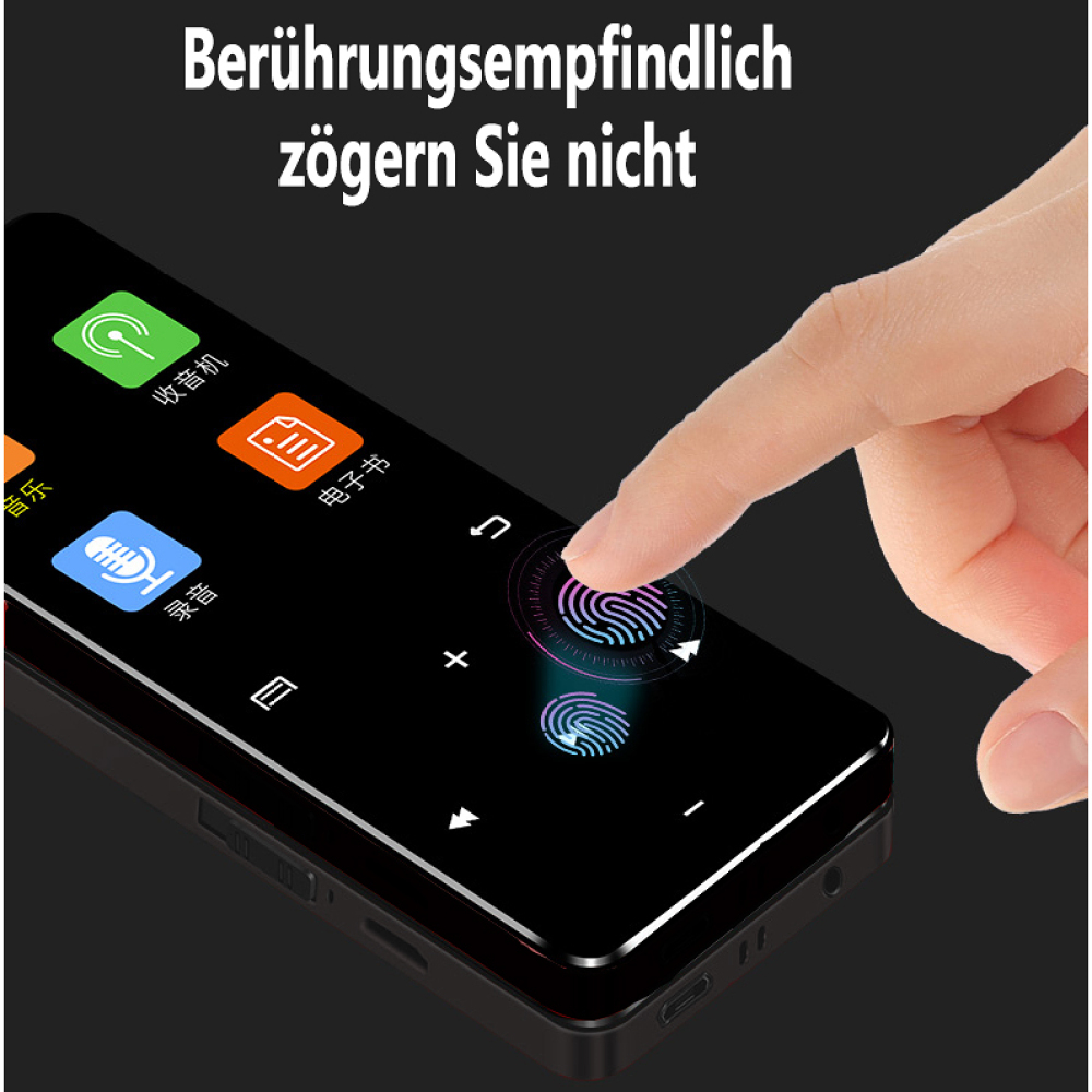 Finger berührt Telefonbildschirm. Symbole sichtbar. Text auf Deutsch.