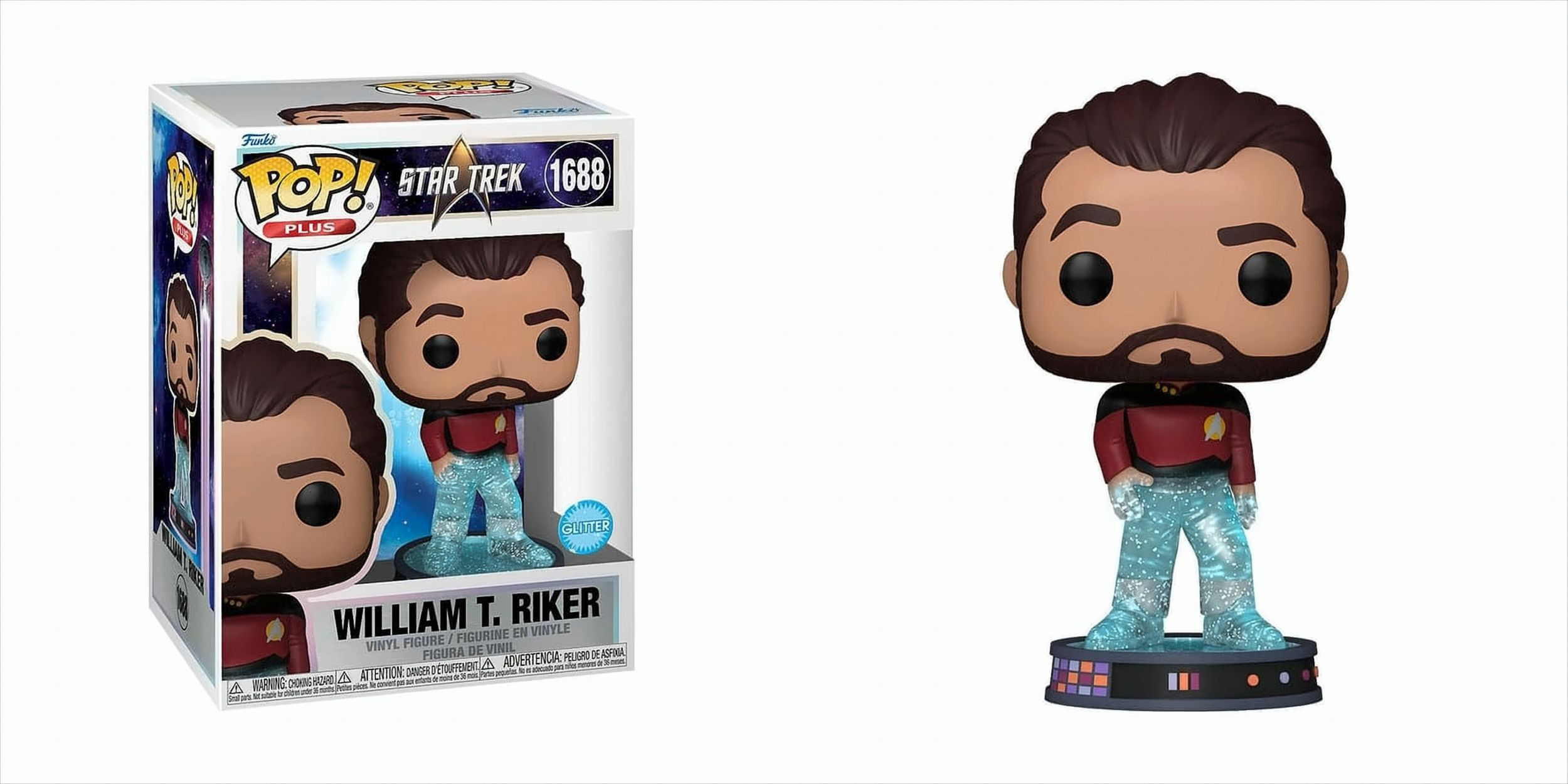 Funko Pop Figur von William T. Riker aus Star Trek. Die Figur steht auf einem Präsentationsständer.