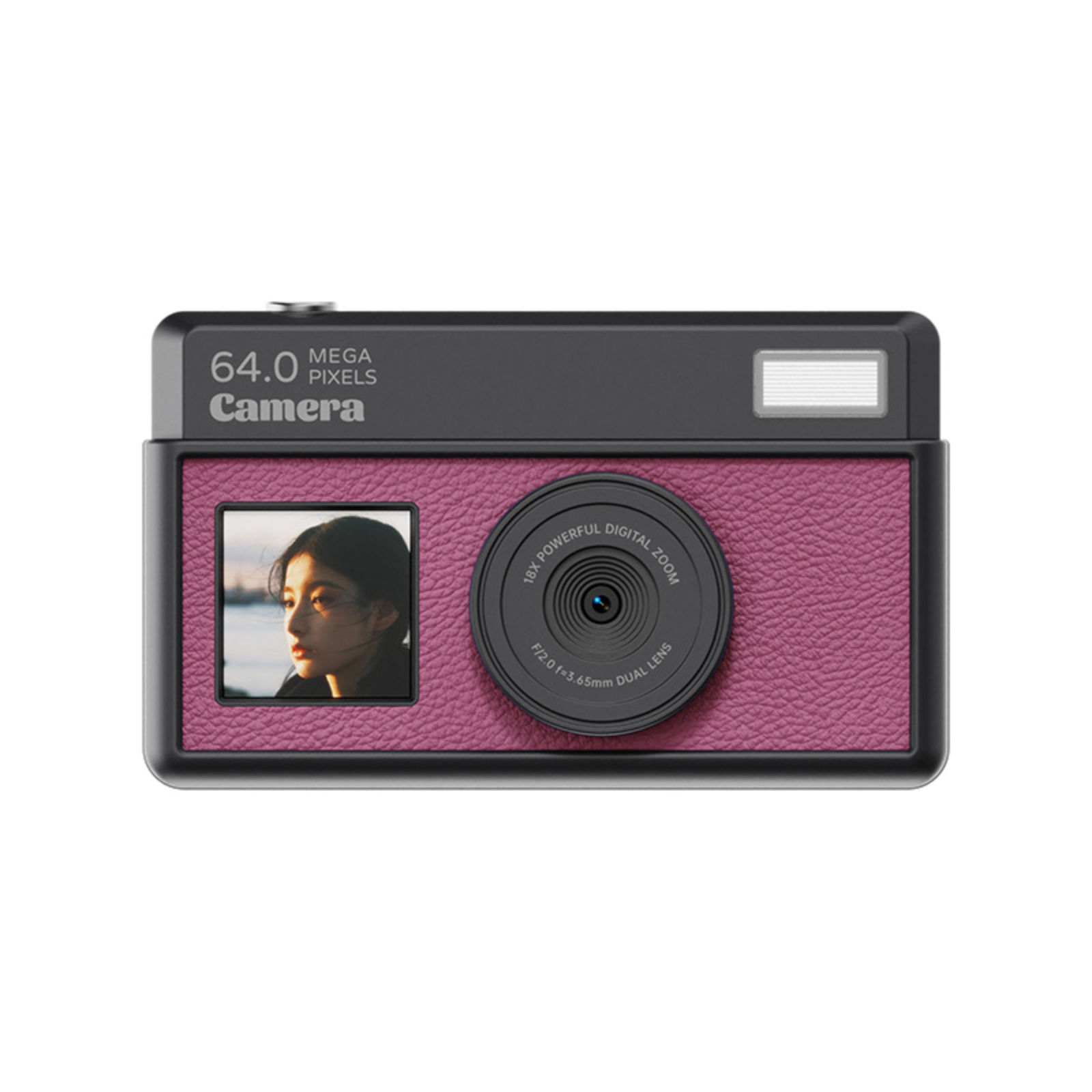 Eine pinkfarbene Retro-Kamera mit einem kleinen Foto an der Seite. Die Kamera hat ein großes Objektiv und schwarze Akzente.