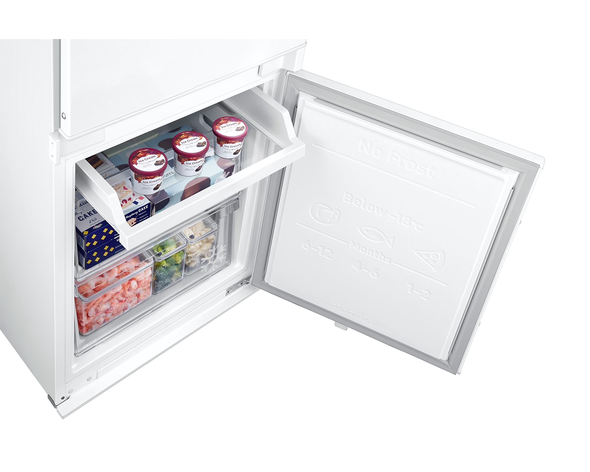 Otwarta biała zamrażarka z lodami i mrożonkami. Widoczne szuflady.