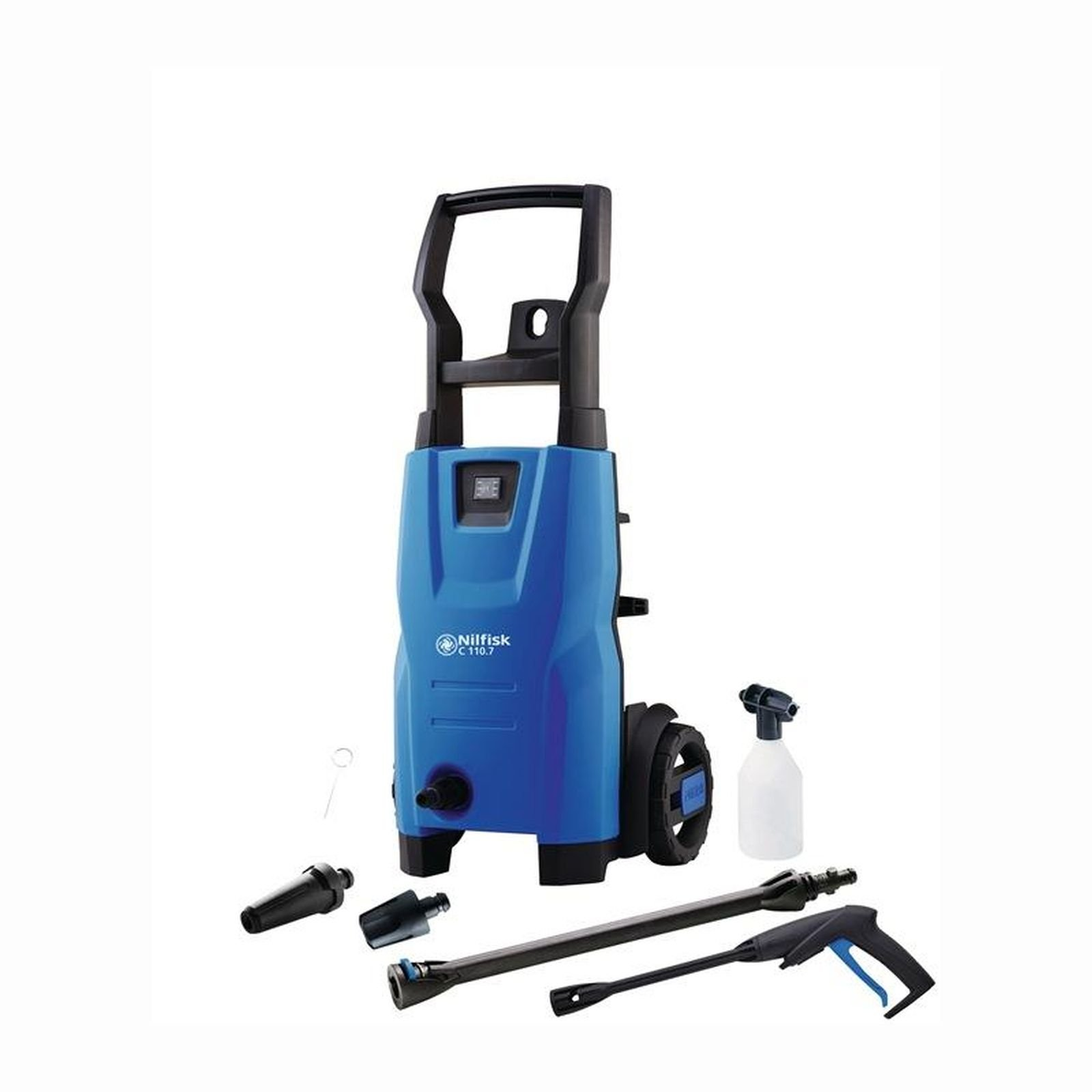 Idropulitrice blu con accessori su sfondo bianco.