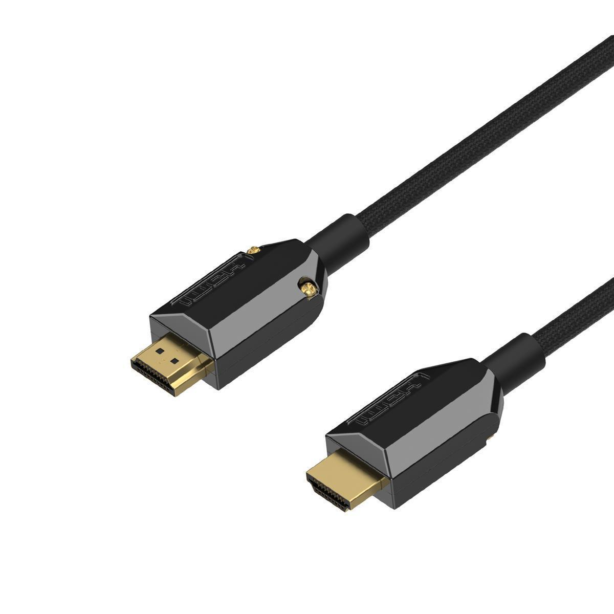 Ein HDMI-Kabel mit schwarzem geflochtenem Mantel und Steckern wird gezeigt. Goldfarbene Anschlüsse sind sichtbar.