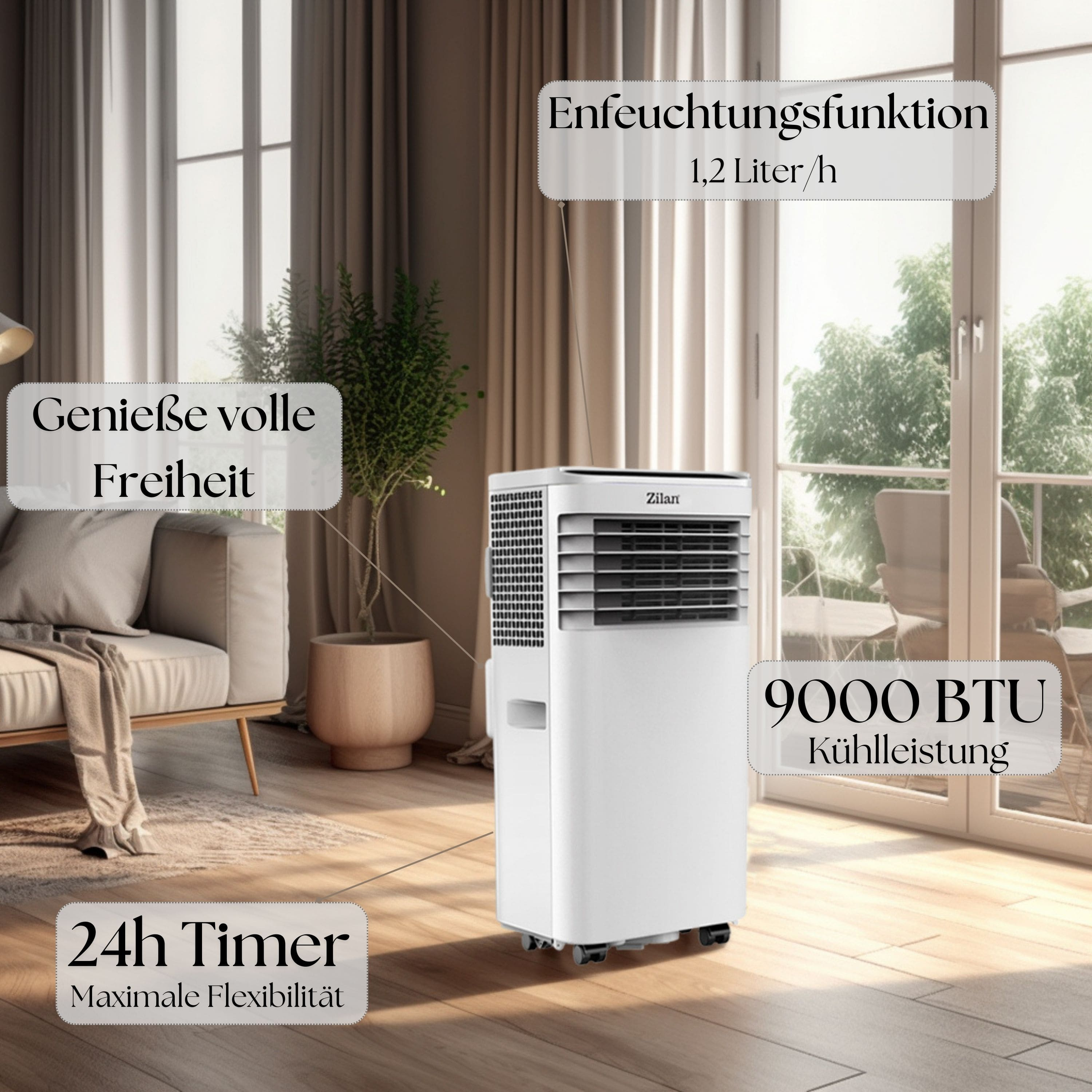Ein weißer tragbarer Klimaanlage in einem Wohnzimmer, mit Textetiketten, die Funktionen anzeigen.
