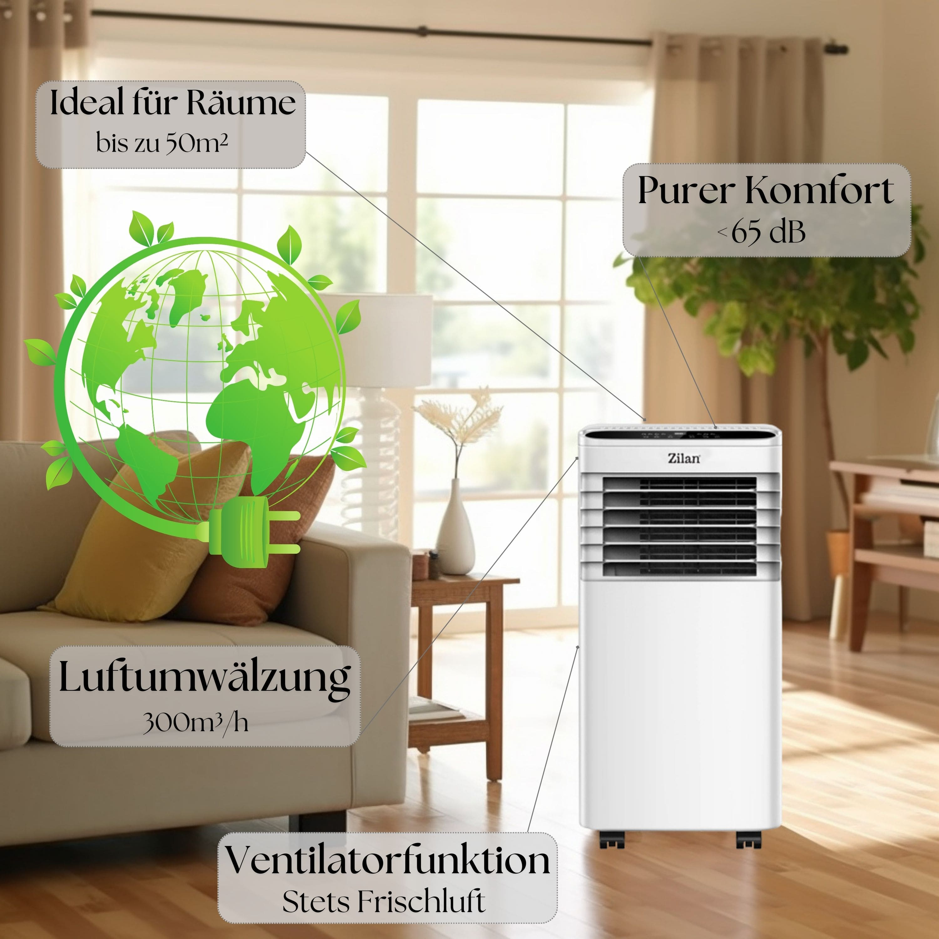 Ein weißer Luftkühler mit Text und einem grünen Stecker. Im Raum Sofa und Fenster.
