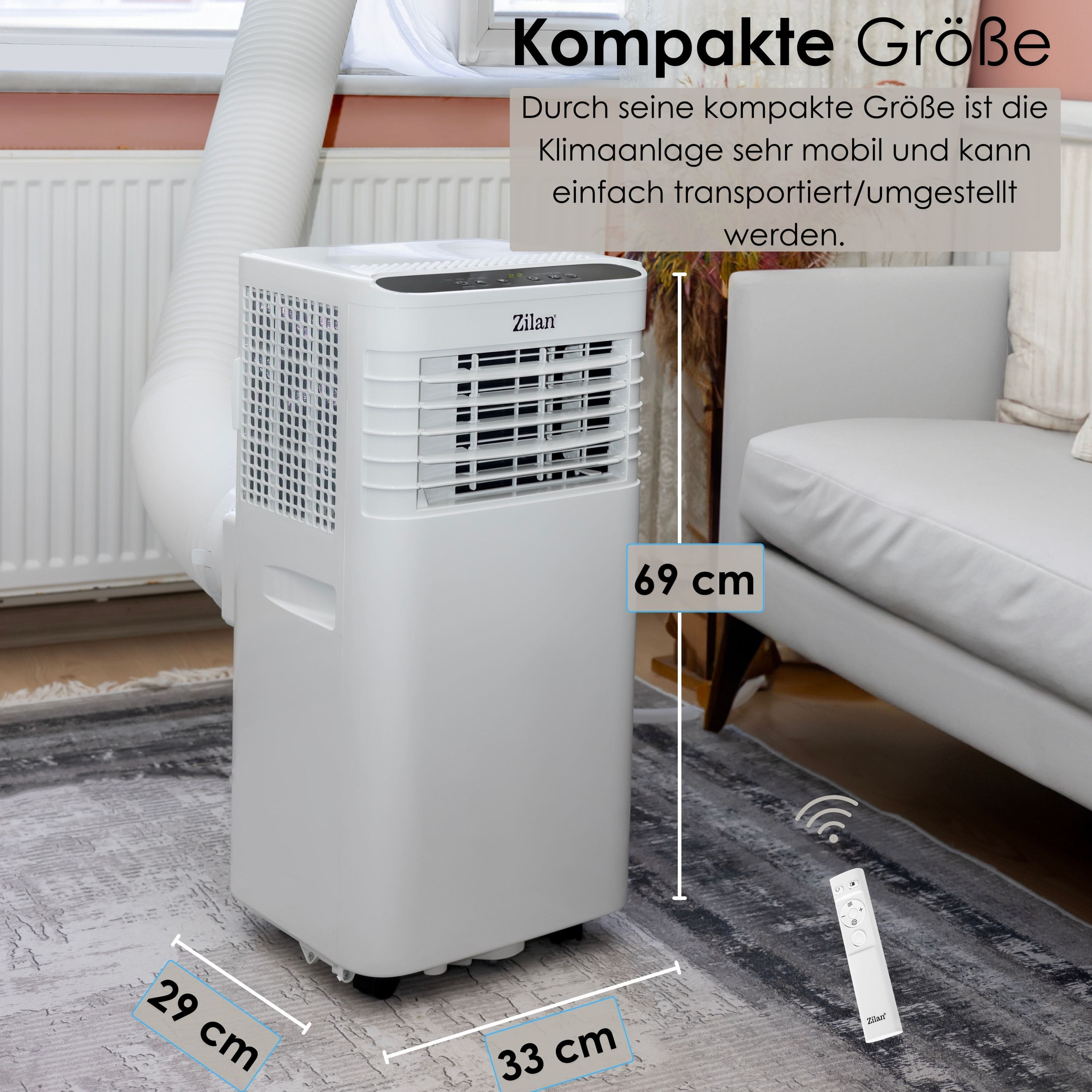 Weißer tragbarer Klimaanlage mit Maßangaben und einer Fernbedienung auf einem Teppich.
