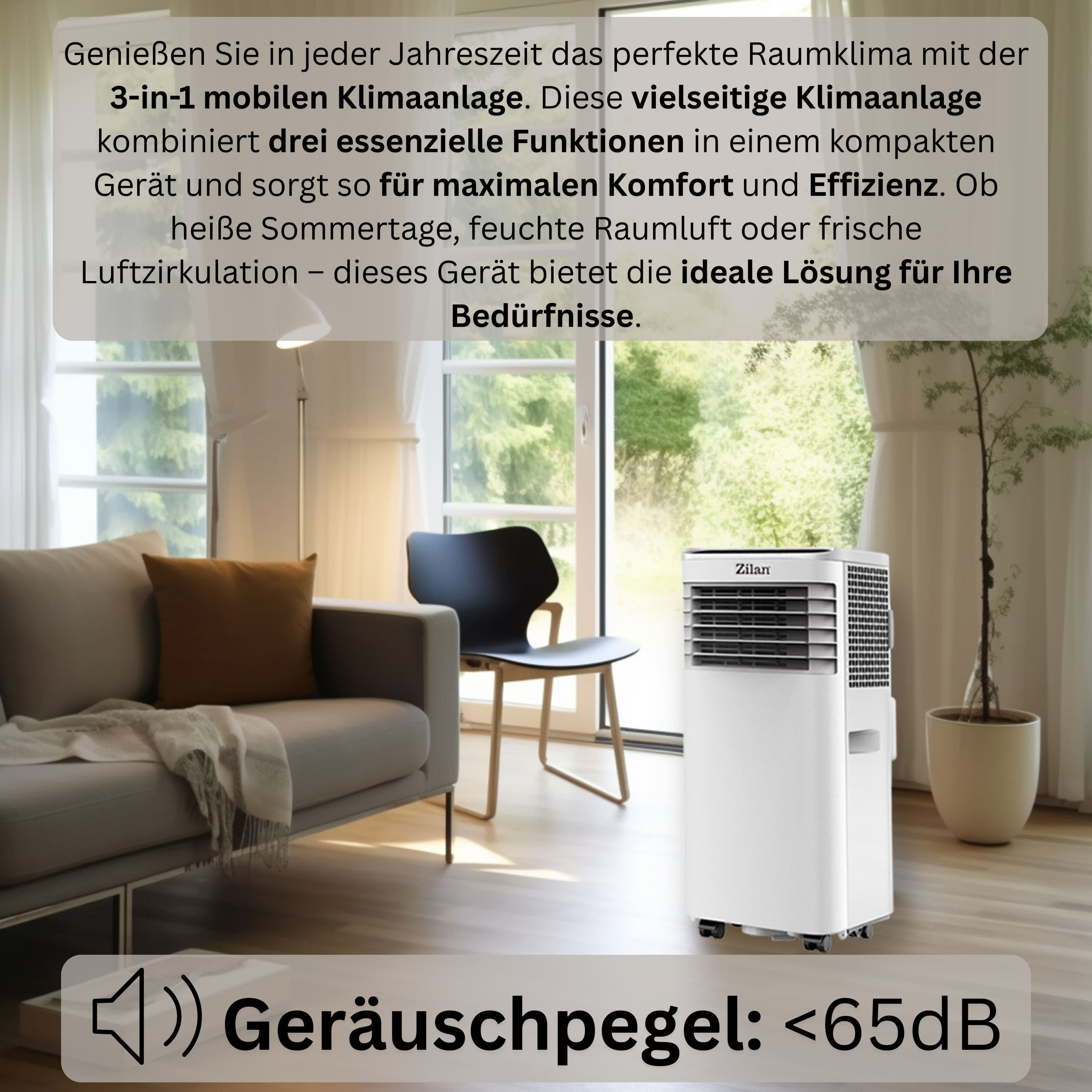 Ein weißer Klimaanlage in einem Raum mit Sofa, Stuhl und einem Baum.