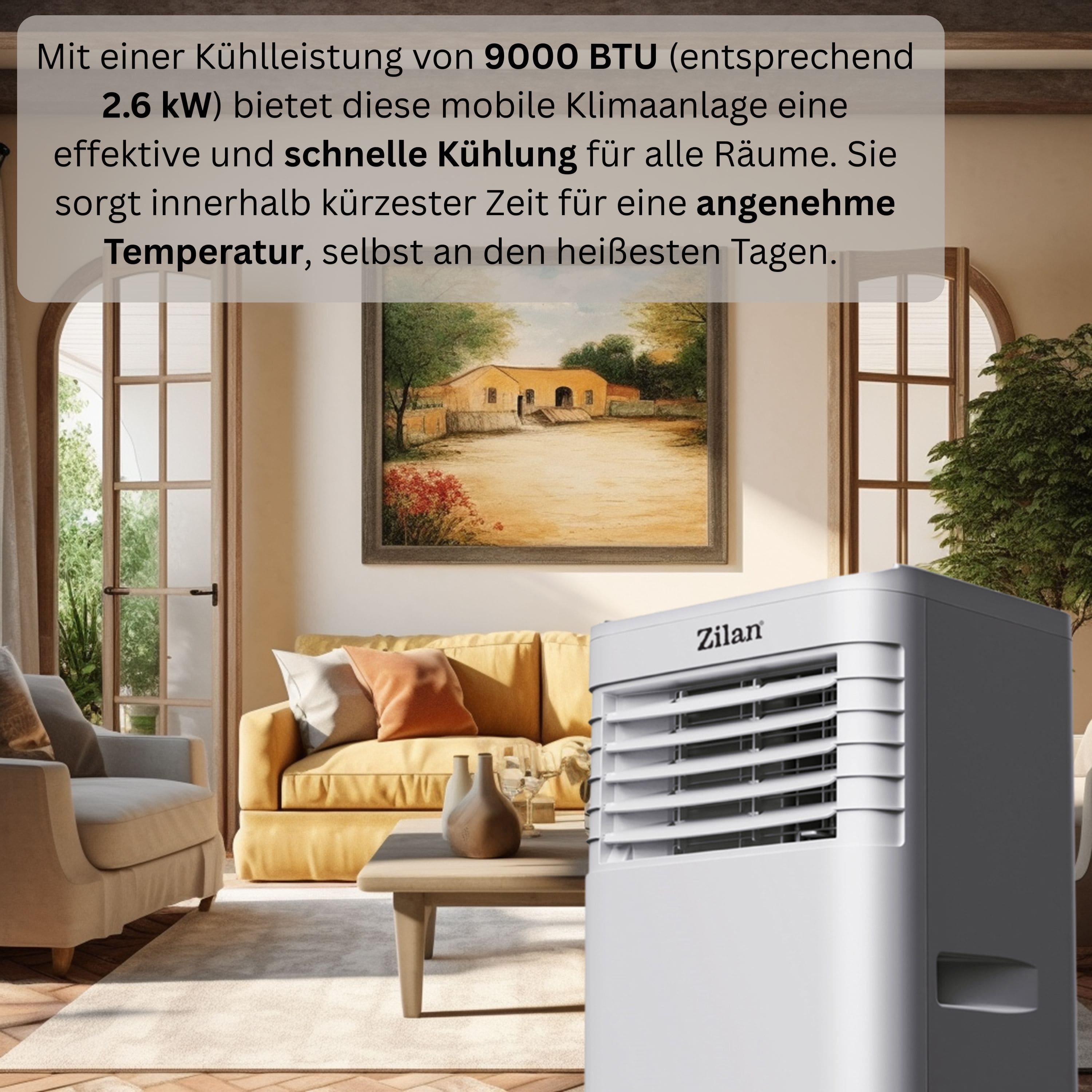 Weißer Luftkühler in einem Wohnzimmer, mit deutschem Text über Kühlung und Temperatur.