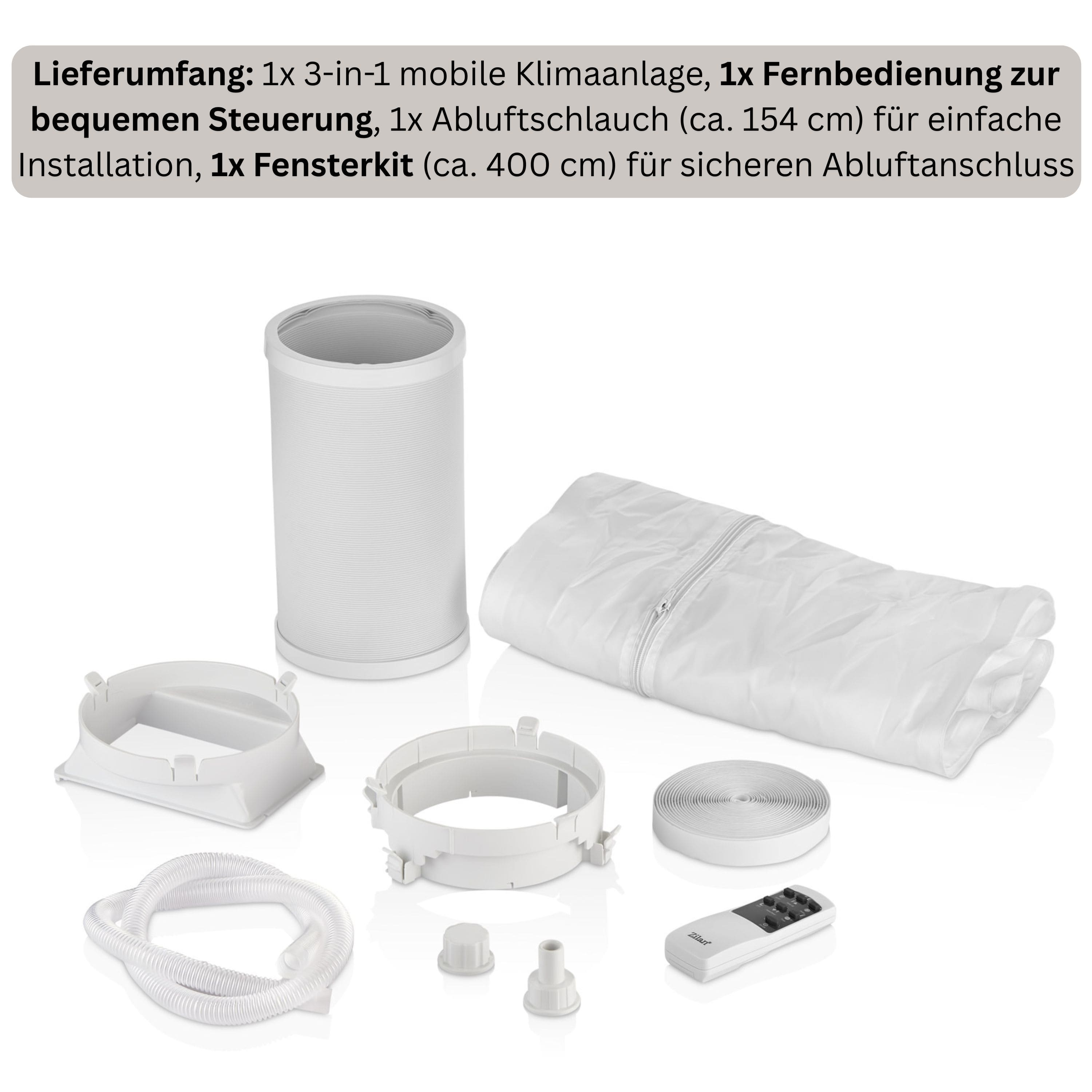Eine tragbare Klimaanlage mit Zubehör wie Fensterbausatz und Fernbedienung, auf weißer Oberfläche dargestellt.