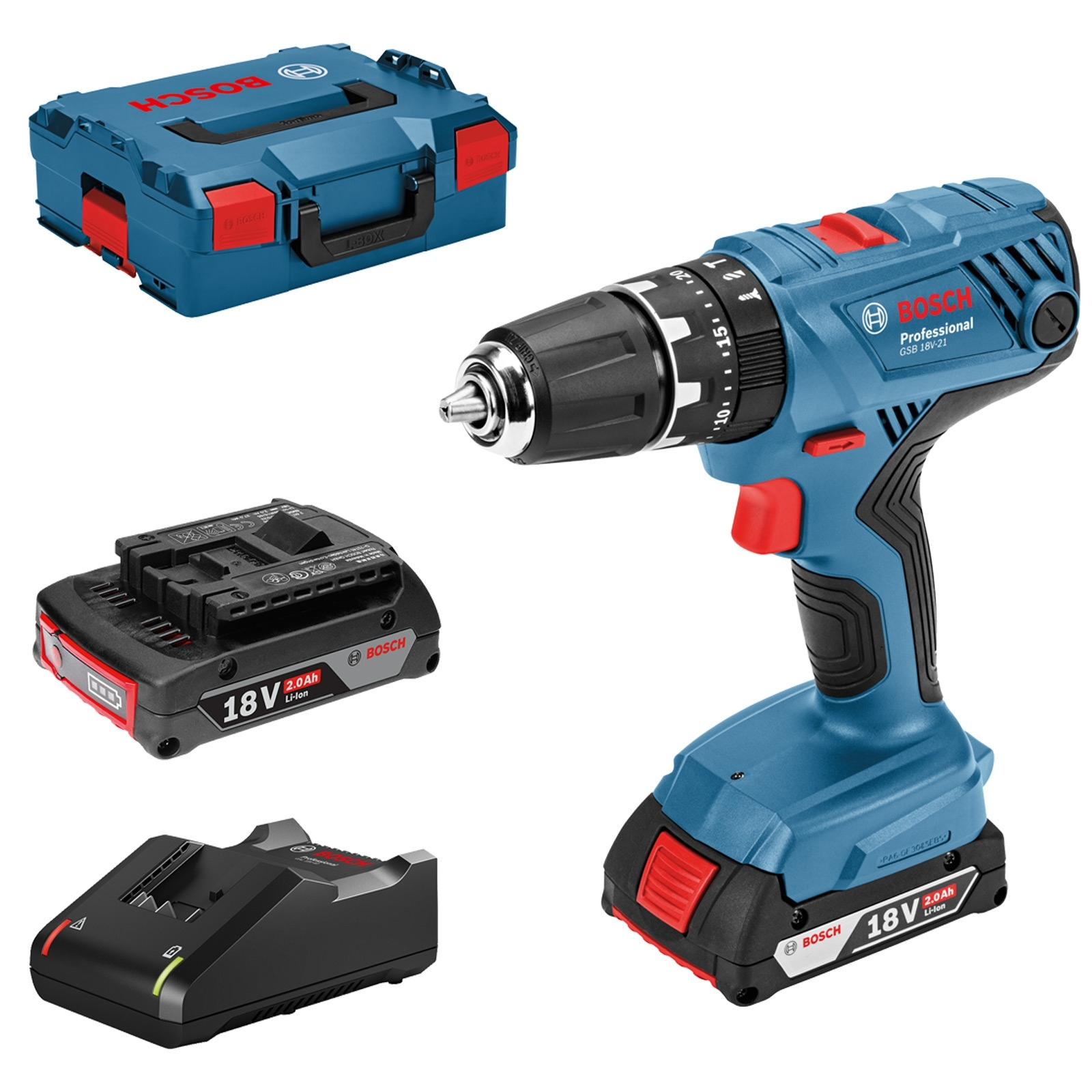 Wiertarko-wkrętarka akumulatorowa Bosch z walizką, ładowarką i akumulatorem. Tło jest białe.