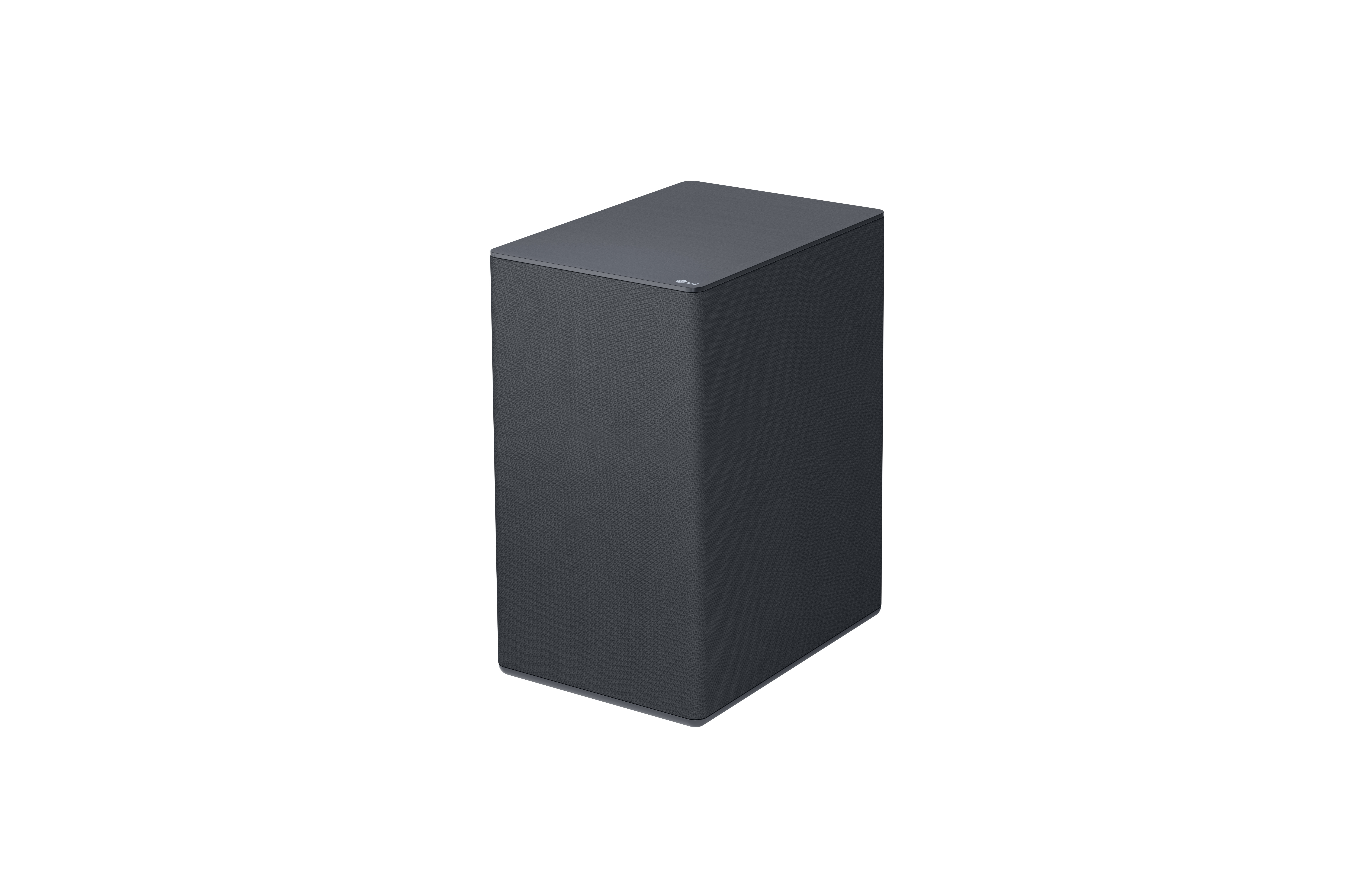 Ein schwarzer, rechteckiger LG-Soundbar-Subwoofer. Es ist eine feste Blockform.